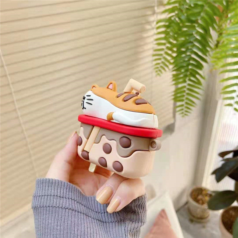 Cartoon Cute Cat Bluetooth Earphone Protective Cover in puppy milk tea color, made of silicone, designed for AirPods 1/2 and Pro 3.