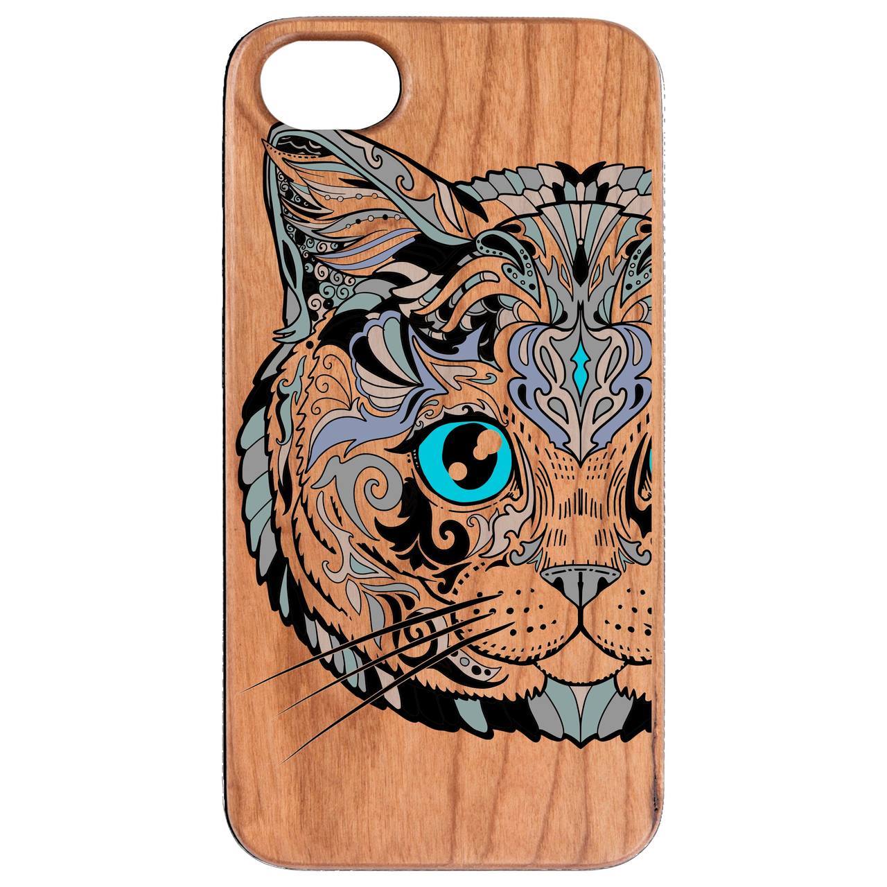 Cat Face UV Color Printed phone case showcasing unique wooden design and vibrant colors, suitable for various smartphone models.