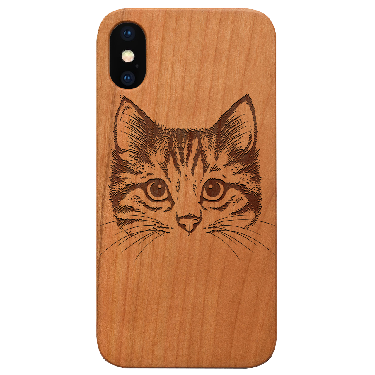 Cat Head Engraved wooden phone case showcasing unique laser-engraved design and durable construction.