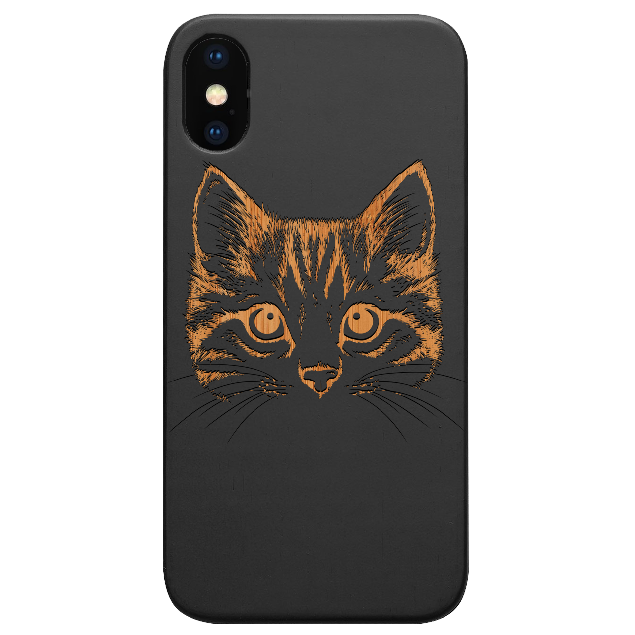 Cat Head Engraved wooden phone case showcasing unique laser-engraved design and durable construction.