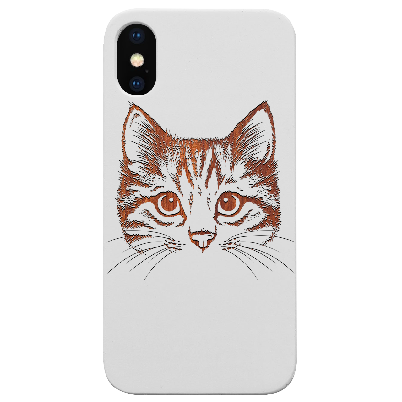 Cat Head Engraved wooden phone case showcasing unique laser-engraved design and durable construction.