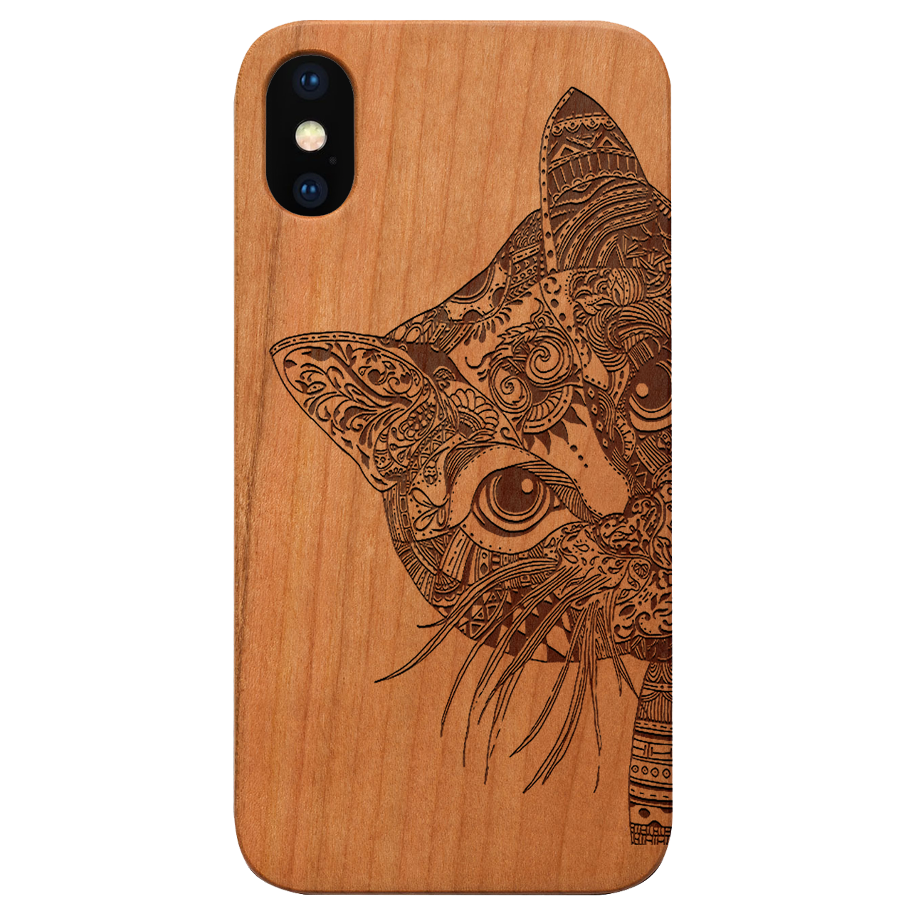 Cat Mandala Engraved wooden phone case showcasing intricate design and natural wood finish.