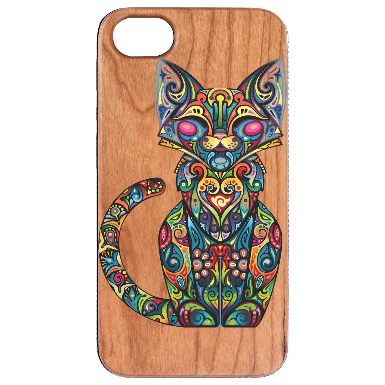 Cat UV Color Printed phone case showcasing unique wood craftsmanship and vibrant design.