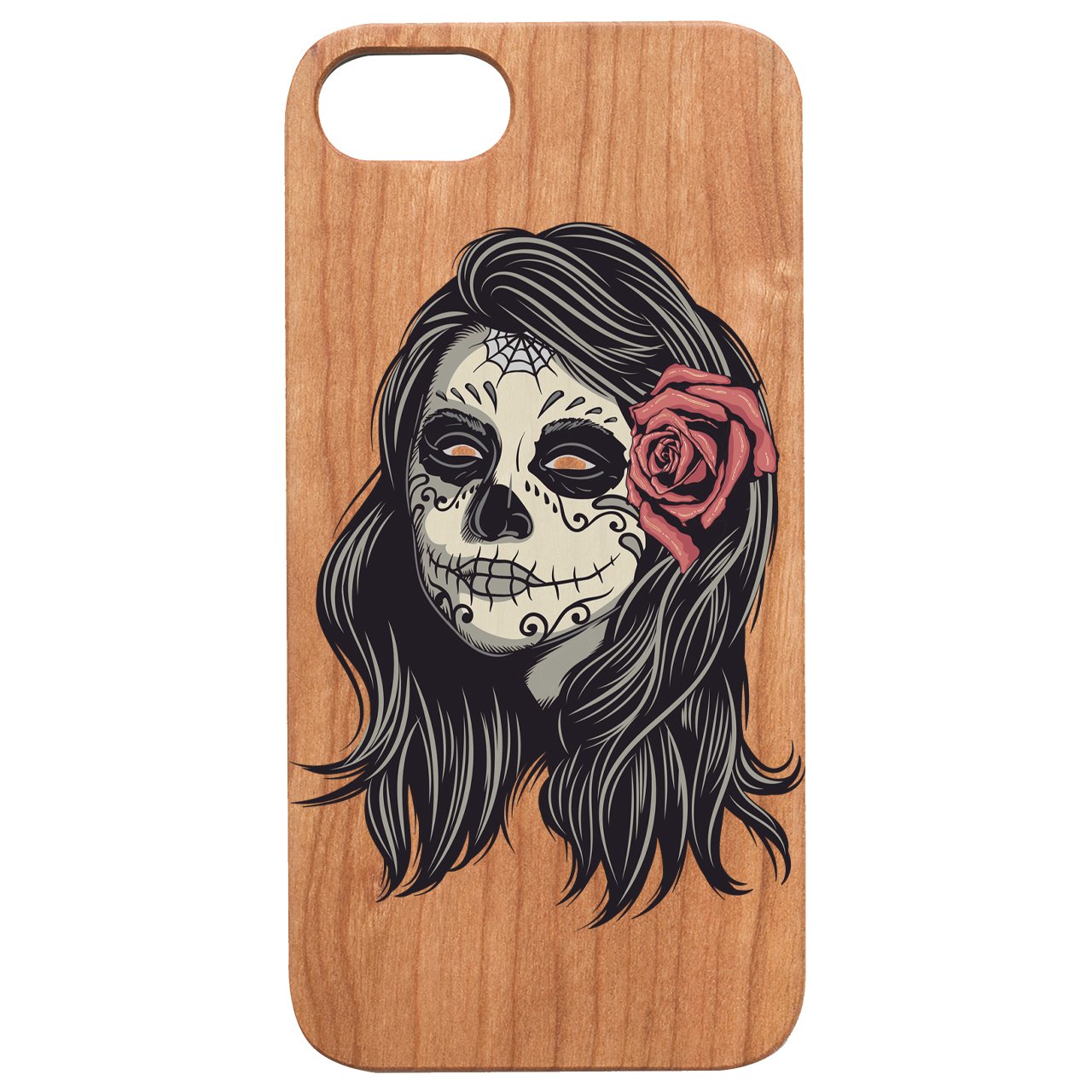 Catrina UV Color Printed phone case showcasing vibrant designs on a natural wood surface, featuring a rubber bumper for enhanced protection.