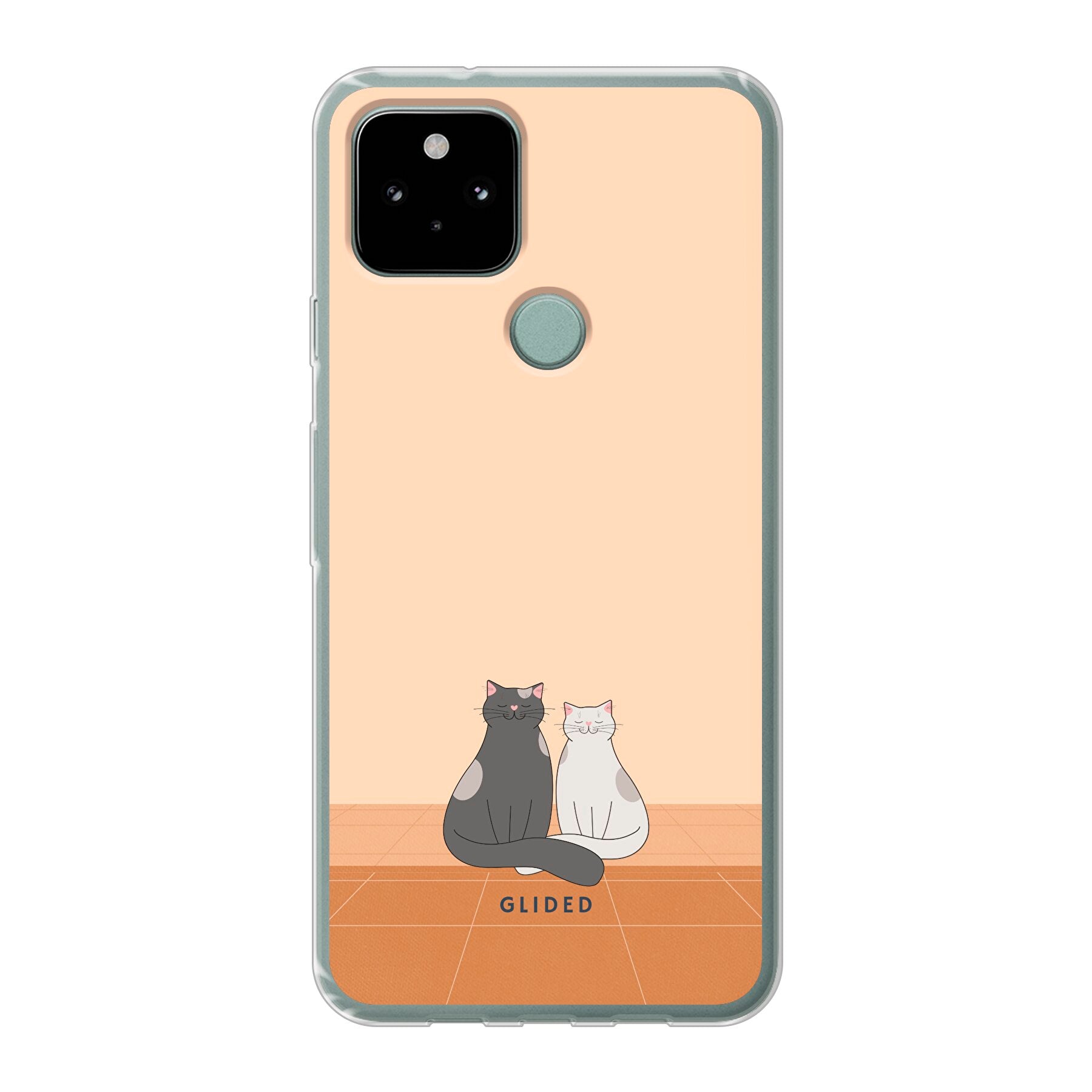 Catty Friends Handyhülle für Google Pixel 5 mit zwei Katzenfreunden auf aprikosenfarbenem Hintergrund, bietet stilvollen Schutz.