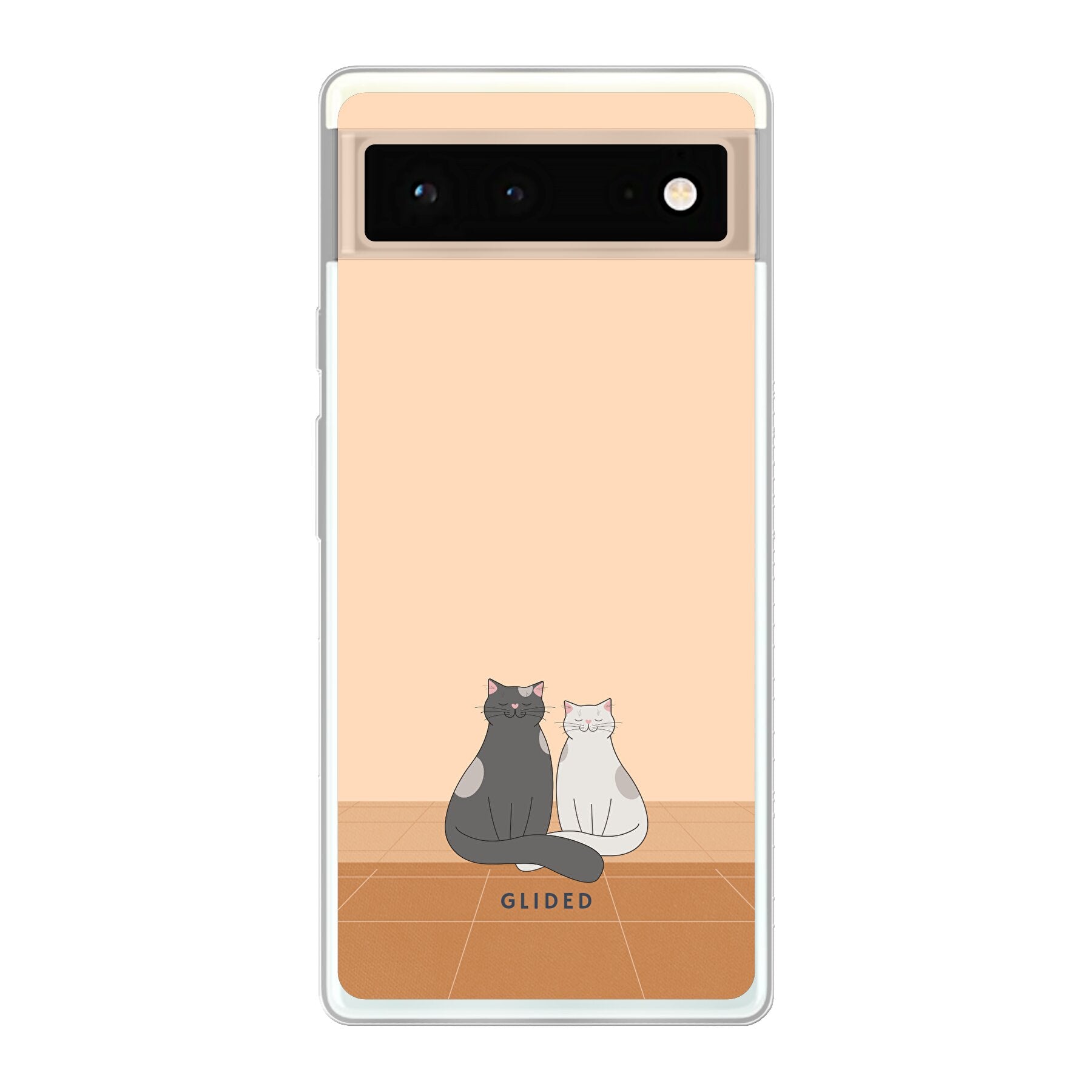 Catty Friends Handyhülle für Google Pixel 6 mit zwei niedlichen Katzenfreunden auf aprikosenfarbenem Hintergrund.