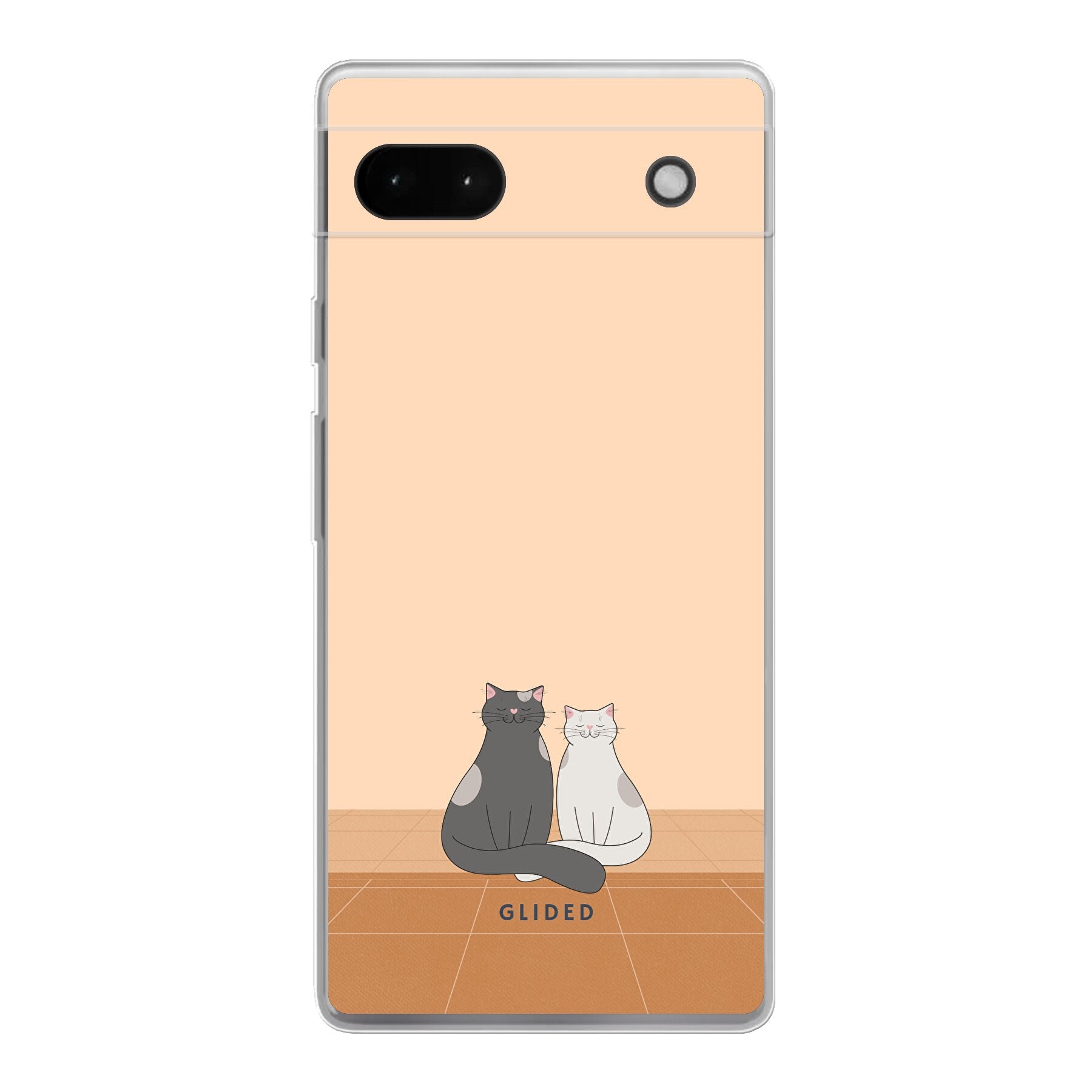 Catty Friends Handyhülle für Google Pixel 6a mit zwei süßen Katzenfreunden auf aprikosenfarbenem Hintergrund.