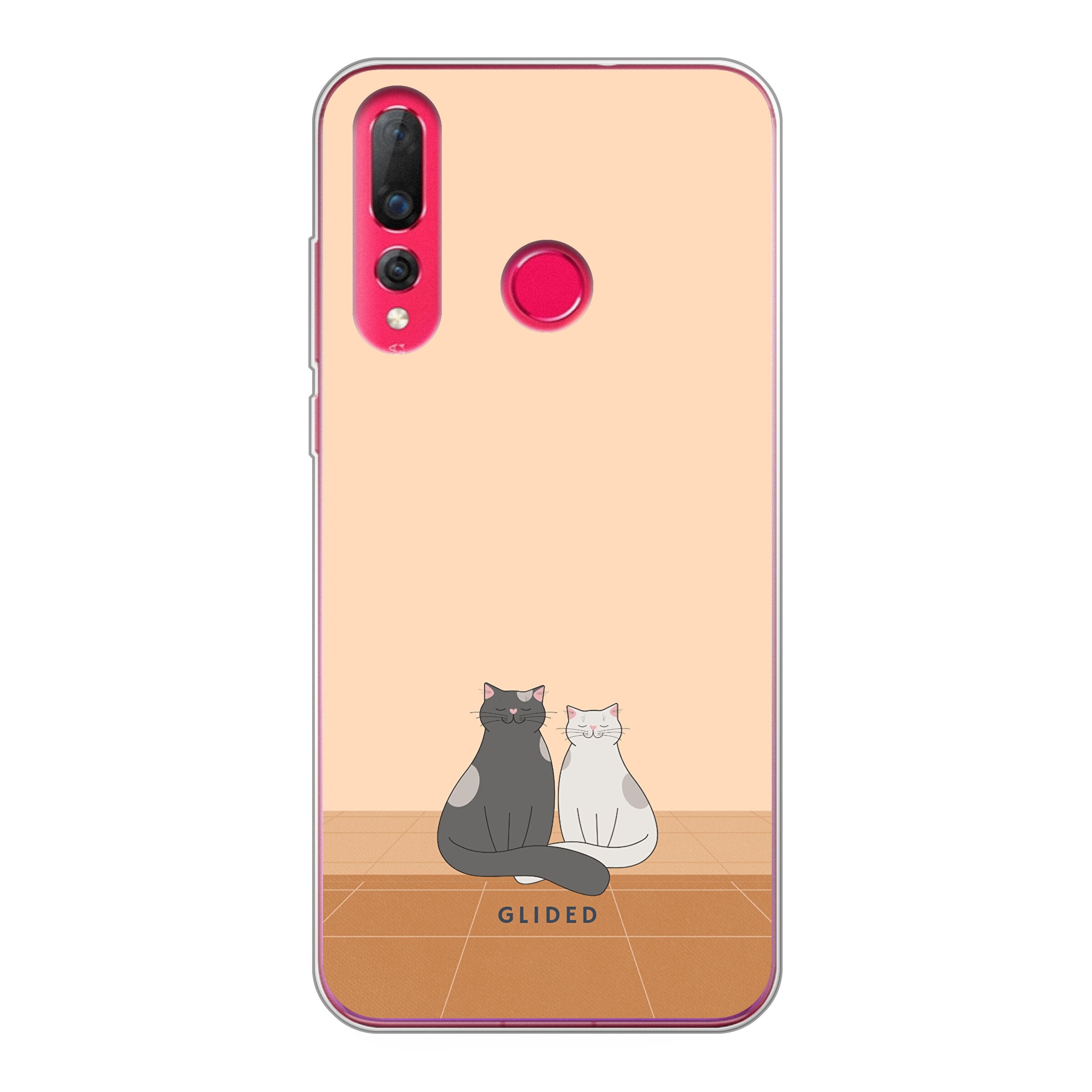 Catty Friends Handyhülle für Huawei P30 Lite mit zwei süßen Katzenfreunden auf aprikosenfarbenem Hintergrund, bietet Schutz und Stil.