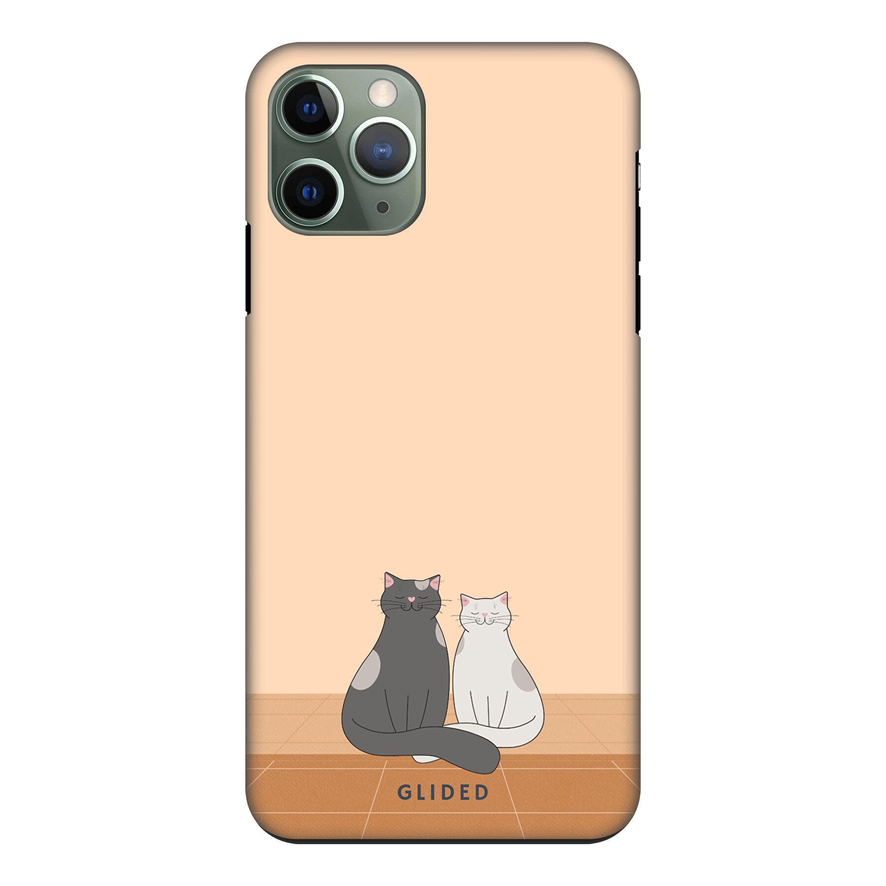 Catty Friends iPhone 11 Pro Handyhülle mit zwei süßen Katzenfreunden auf aprikosenfarbenem Hintergrund.