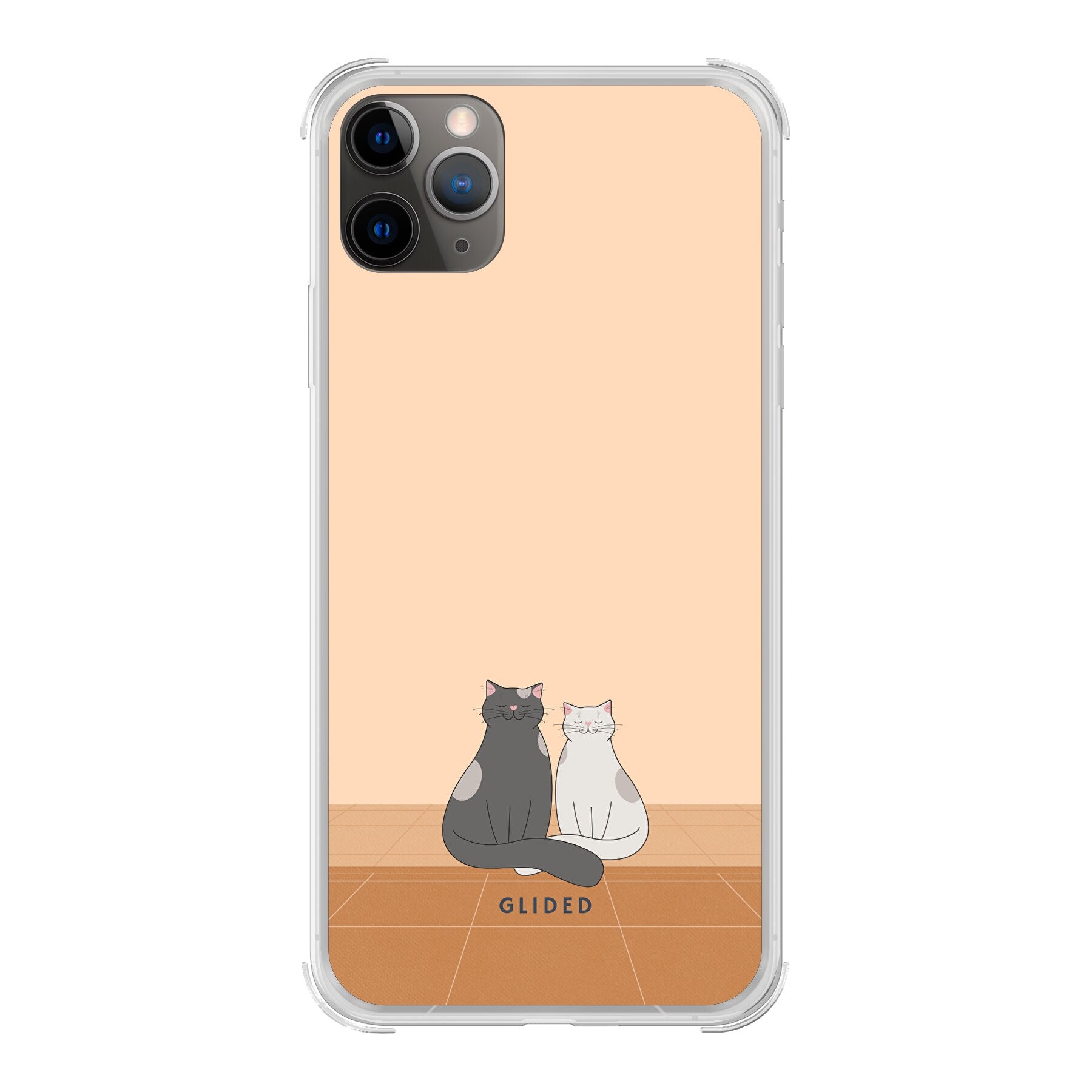 Catty Friends iPhone 11 Pro Handyhülle mit zwei süßen Katzenfreunden auf aprikosenfarbenem Hintergrund.