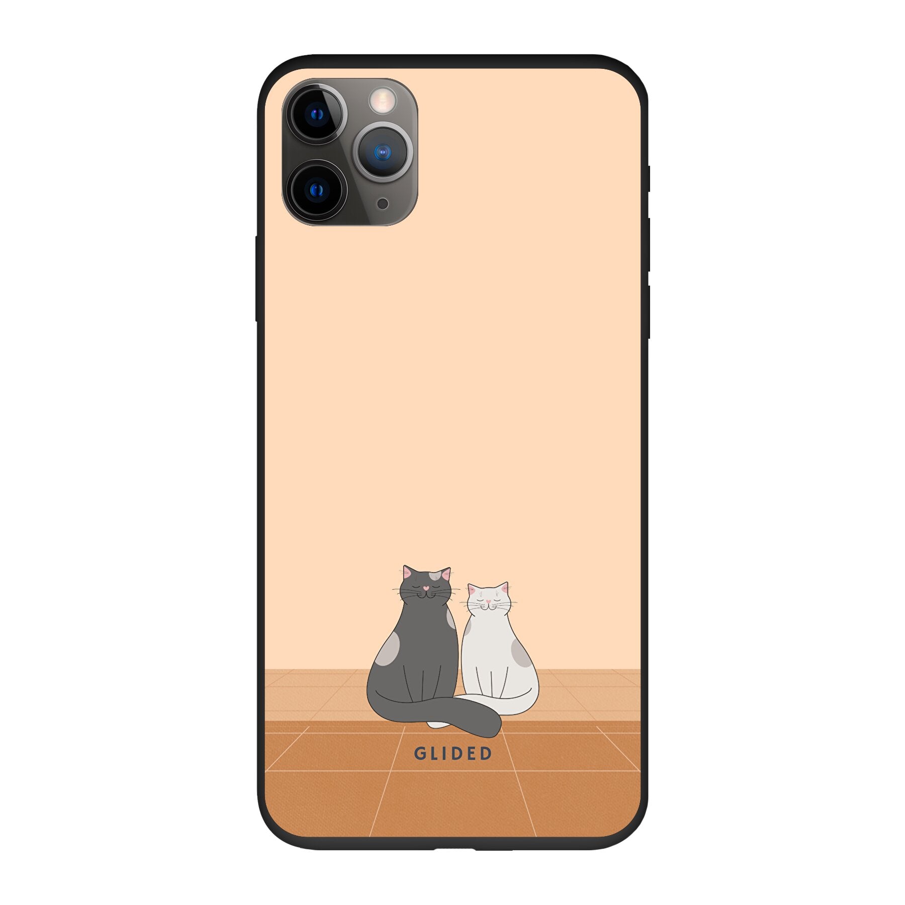 Catty Friends iPhone 11 Pro Handyhülle mit zwei süßen Katzenfreunden auf aprikosenfarbenem Hintergrund.