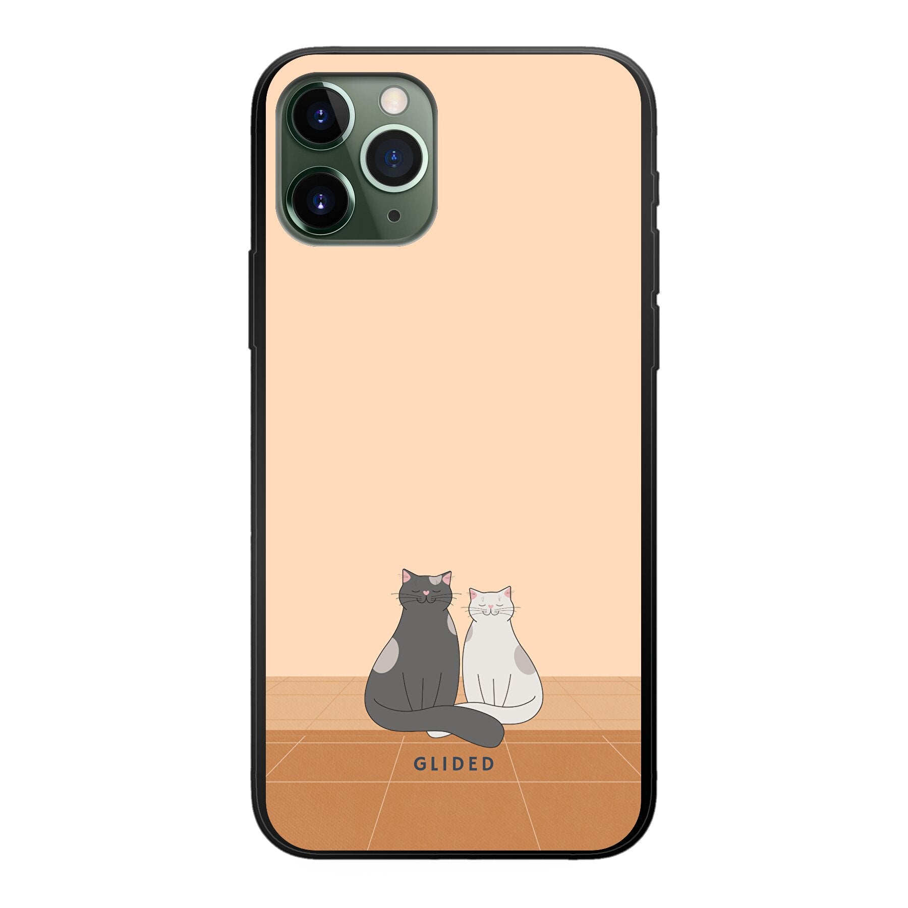 Catty Friends iPhone 11 Pro Handyhülle mit zwei süßen Katzenfreunden auf aprikosenfarbenem Hintergrund.