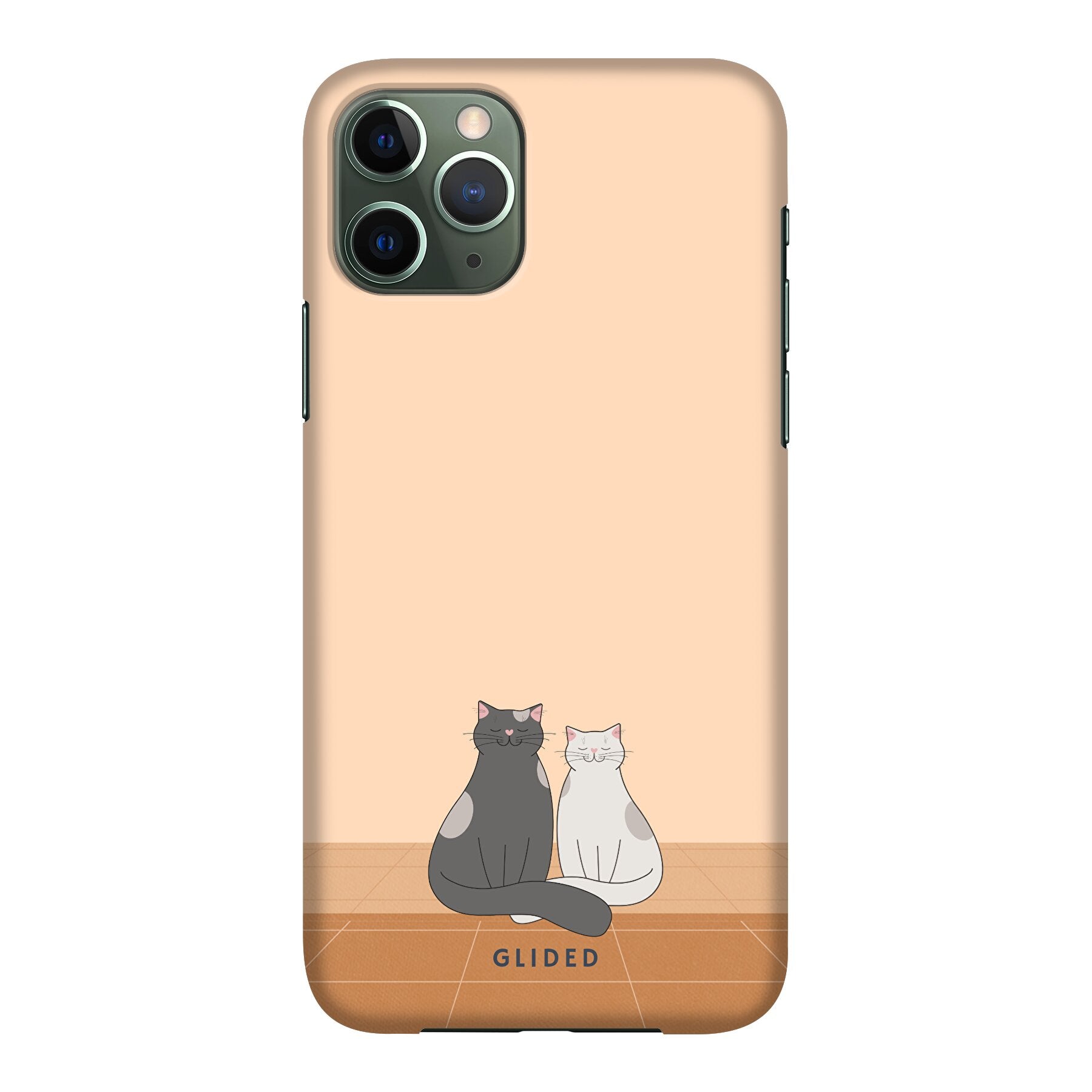 Catty Friends iPhone 11 Pro Handyhülle mit zwei süßen Katzenfreunden auf aprikosenfarbenem Hintergrund.