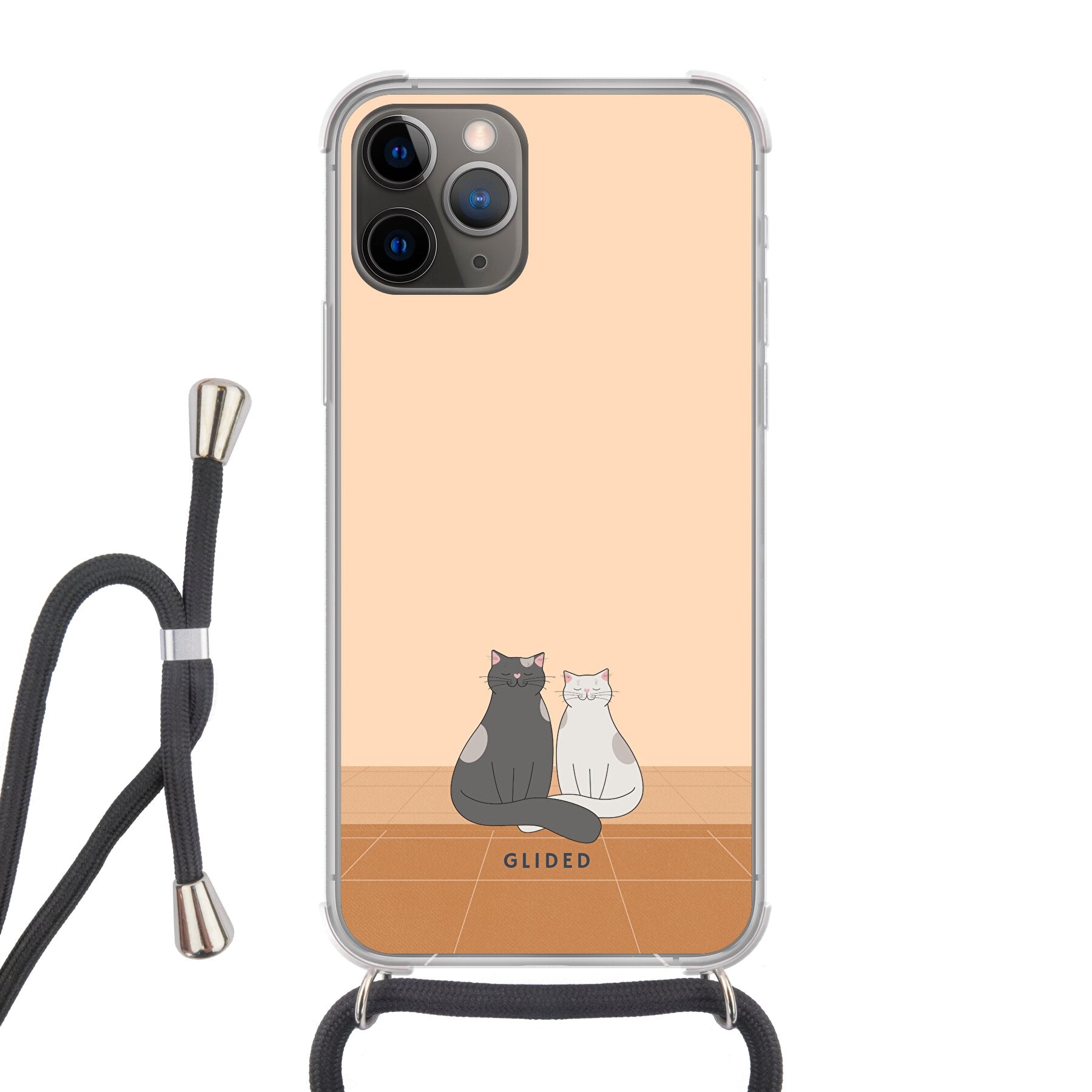 Catty Friends iPhone 11 Pro Handyhülle mit zwei süßen Katzenfreunden auf aprikosenfarbenem Hintergrund.