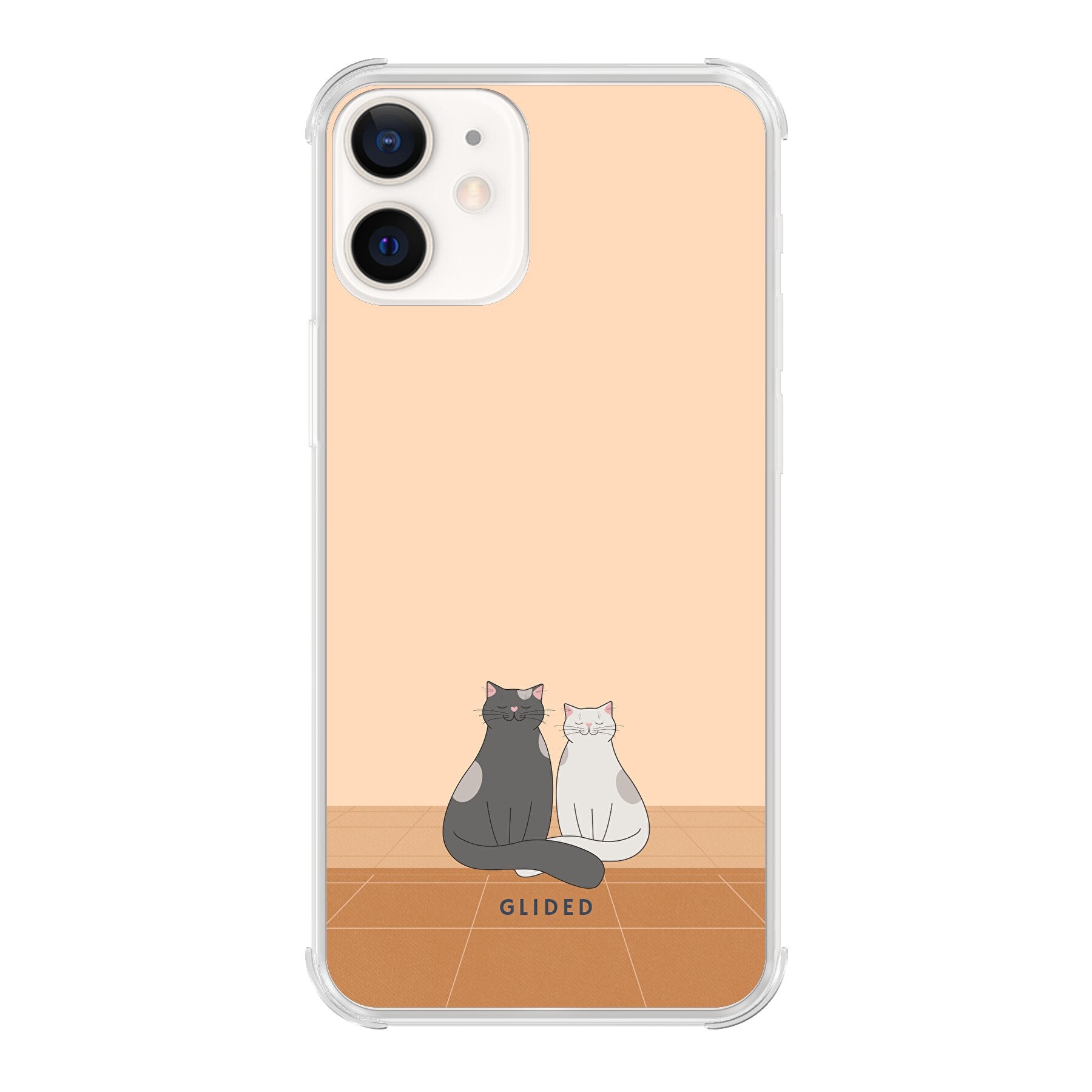 Catty Friends iPhone 12 Handyhülle mit zwei Katzenfreunden auf aprikosenfarbenem Hintergrund, stilvoll und schützend.