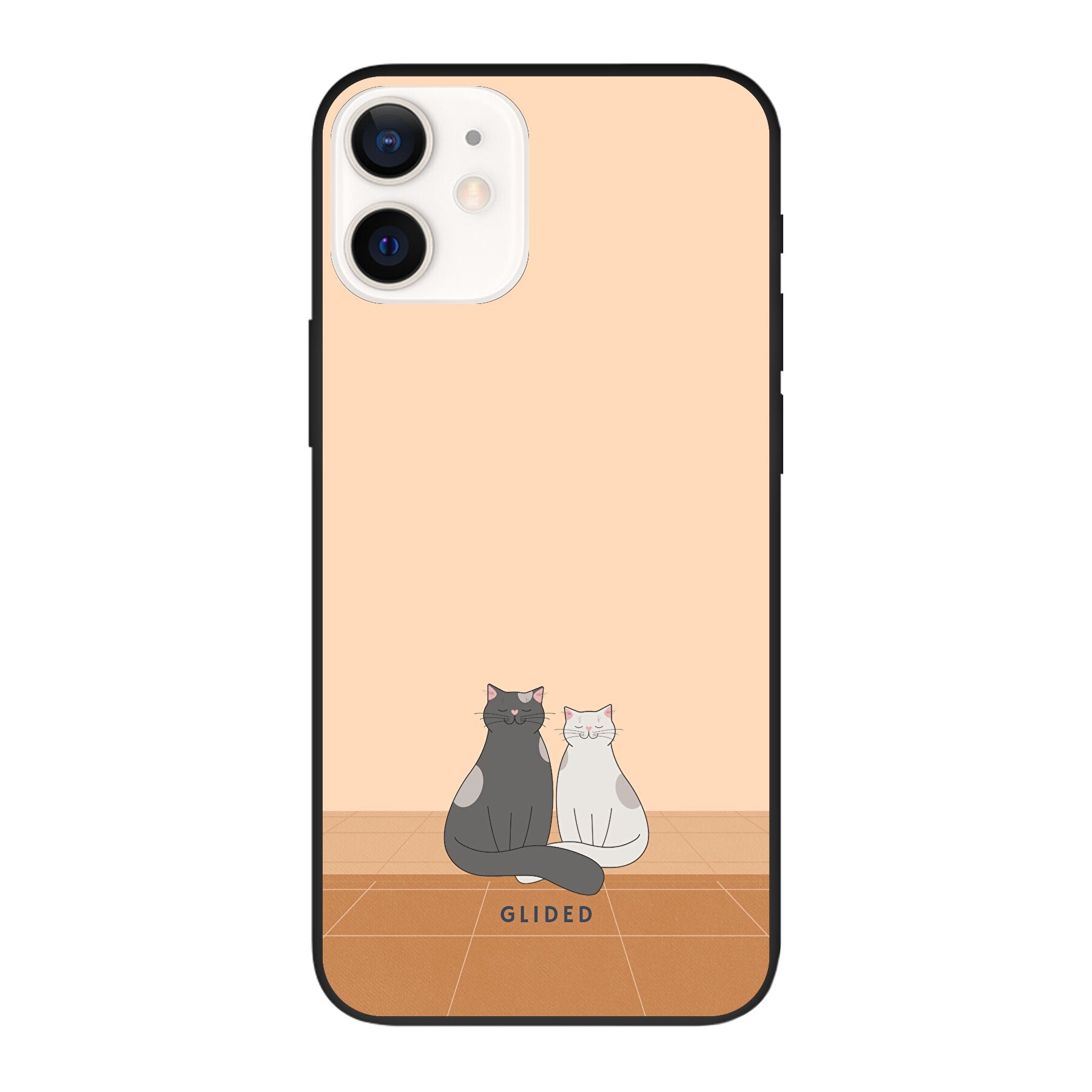 Catty Friends iPhone 12 Handyhülle mit zwei Katzenfreunden auf aprikosenfarbenem Hintergrund, stilvoll und schützend.