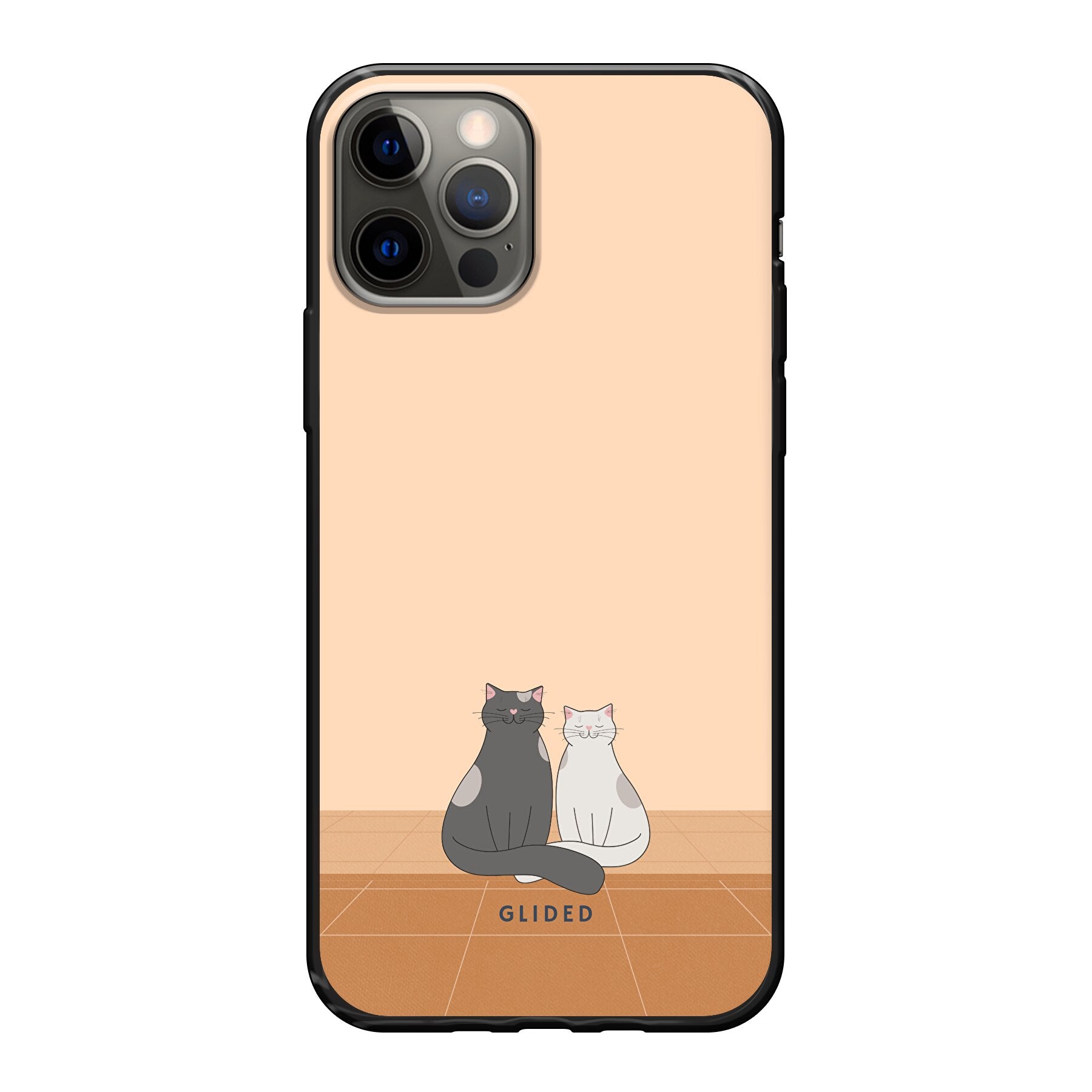 Catty Friends iPhone 12 Handyhülle mit zwei Katzenfreunden auf aprikosenfarbenem Hintergrund, stilvoll und schützend.