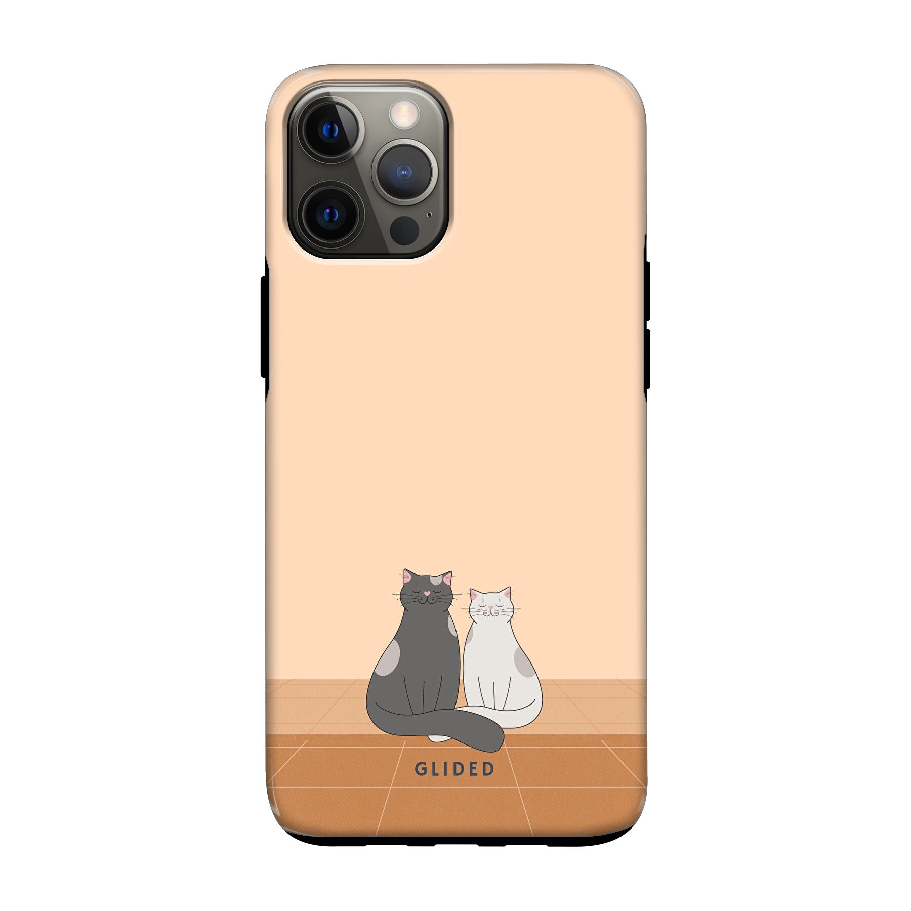 Catty Friends iPhone 12 Handyhülle mit zwei Katzenfreunden auf aprikosenfarbenem Hintergrund, stilvoll und schützend.