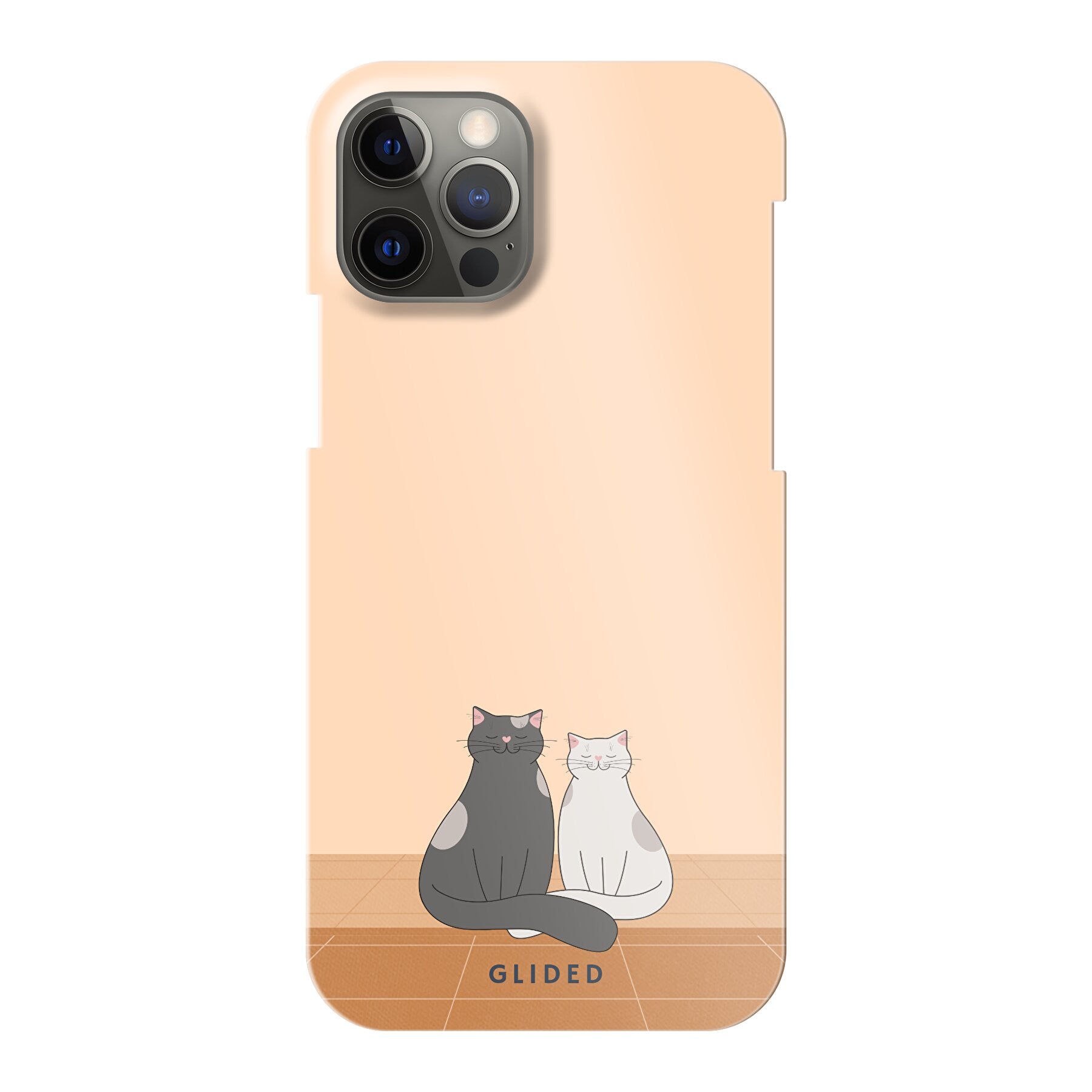 Catty Friends iPhone 12 Handyhülle mit zwei Katzenfreunden auf aprikosenfarbenem Hintergrund, stilvoll und schützend.