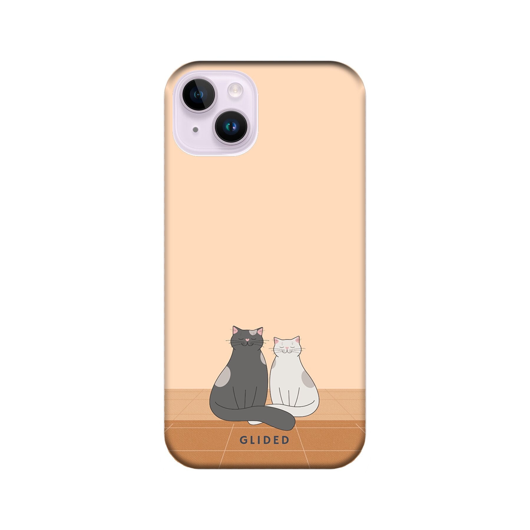 Catty Friends Handyhülle für iPhone 14 Plus mit zwei Katzenfreunden auf aprikosenfarbenem Hintergrund, bietet stilvollen Schutz.