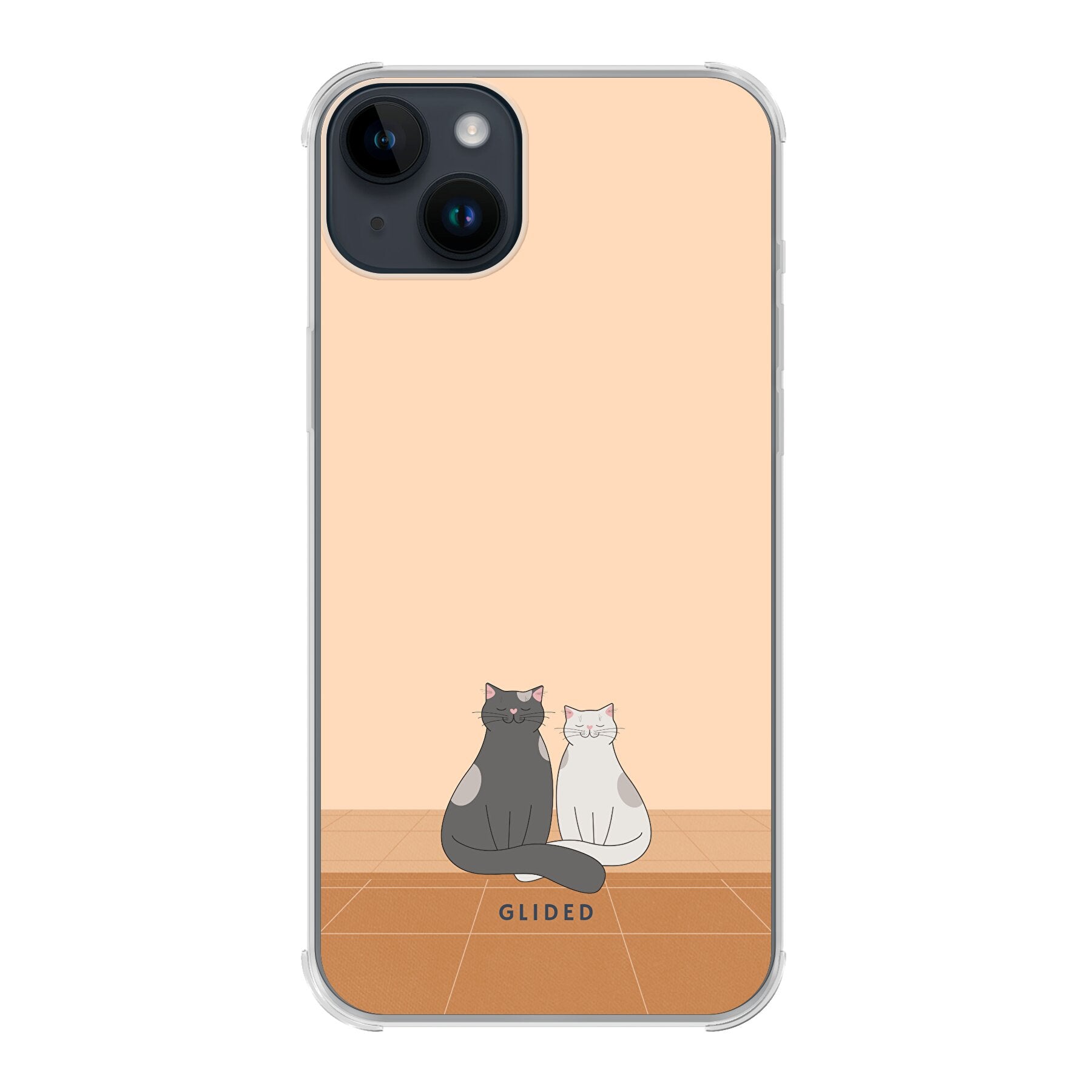 Catty Friends Handyhülle für iPhone 14 Plus mit zwei Katzenfreunden auf aprikosenfarbenem Hintergrund, bietet stilvollen Schutz.