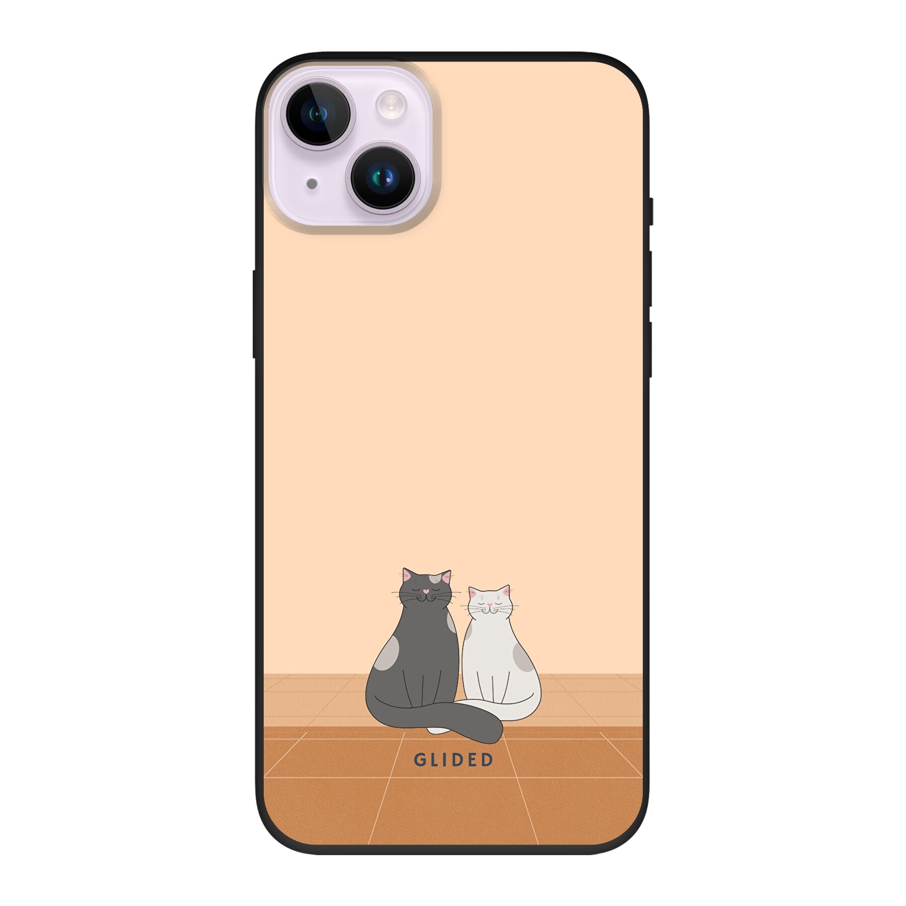 Catty Friends Handyhülle für iPhone 14 Plus mit zwei Katzenfreunden auf aprikosenfarbenem Hintergrund, bietet stilvollen Schutz.