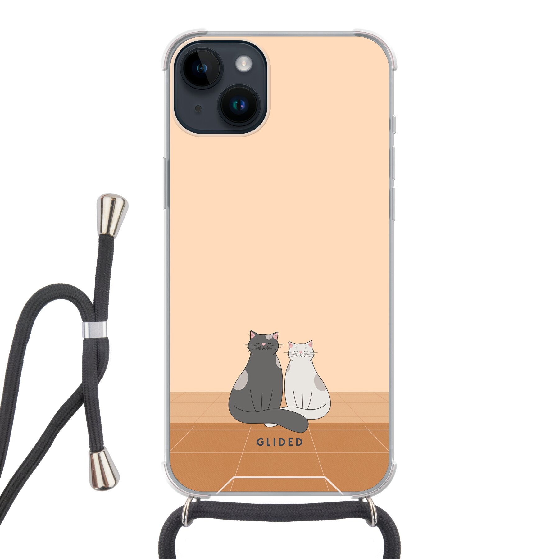 Catty Friends Handyhülle für iPhone 14 Plus mit zwei Katzenfreunden auf aprikosenfarbenem Hintergrund, bietet stilvollen Schutz.