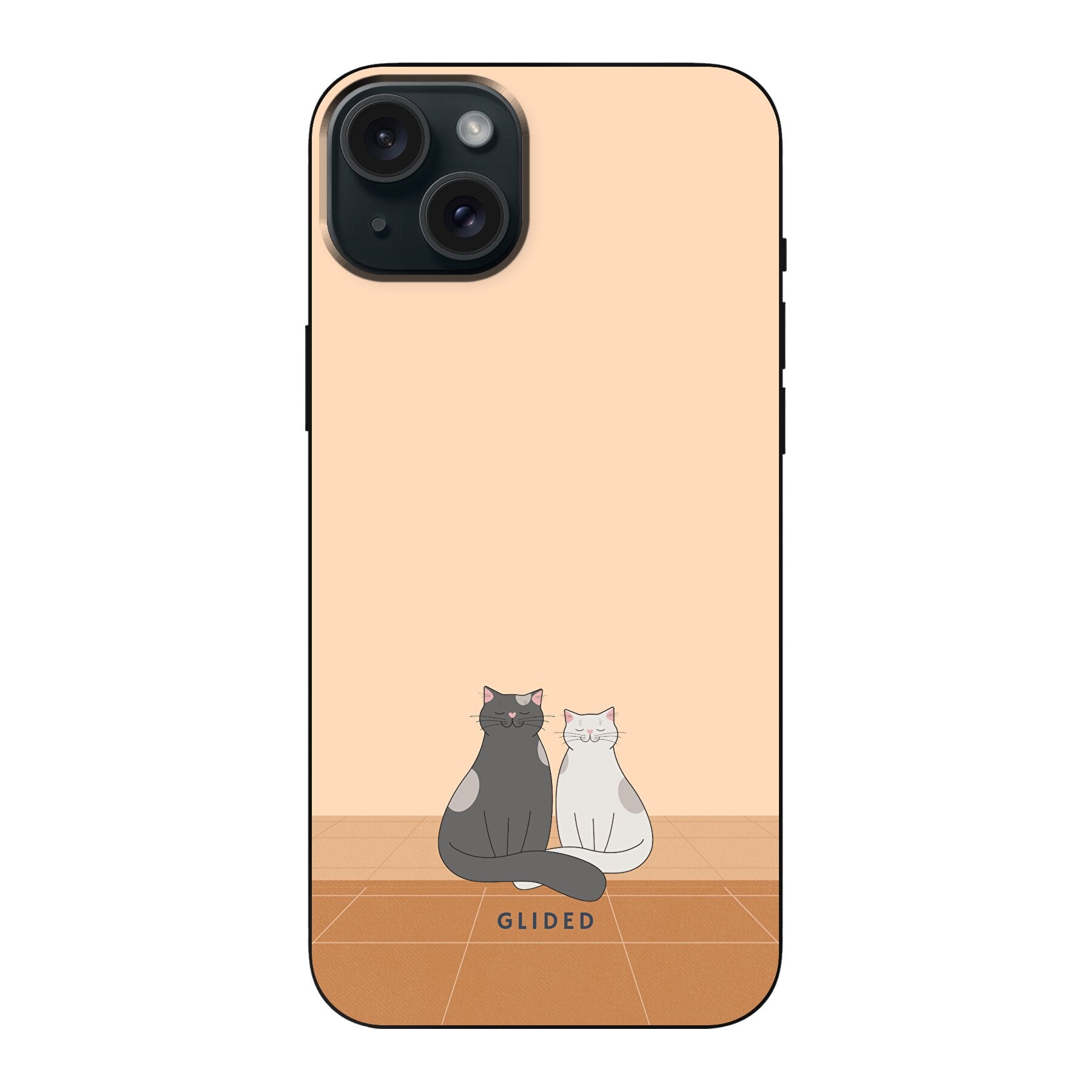 Catty Friends Handyhülle für iPhone 15 Plus mit zwei süßen Katzenfreunden auf aprikosenfarbenem Hintergrund.