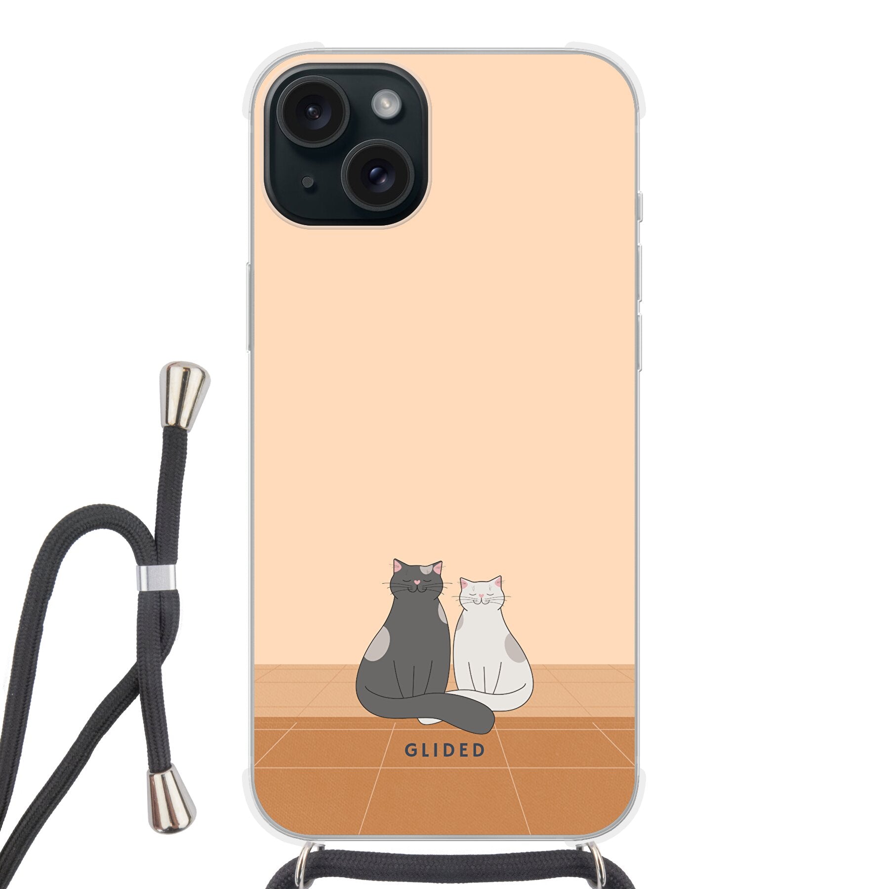 Catty Friends Handyhülle für iPhone 15 Plus mit zwei süßen Katzenfreunden auf aprikosenfarbenem Hintergrund.