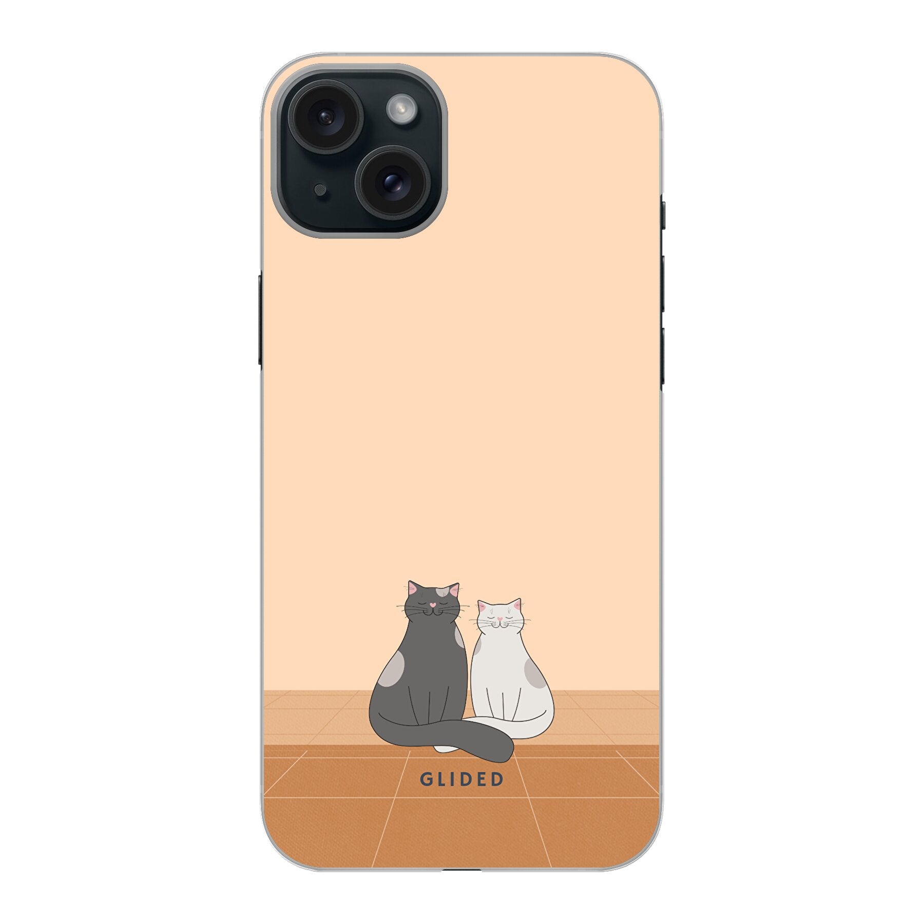 Catty Friends Handyhülle für iPhone 15 Plus mit zwei süßen Katzenfreunden auf aprikosenfarbenem Hintergrund.