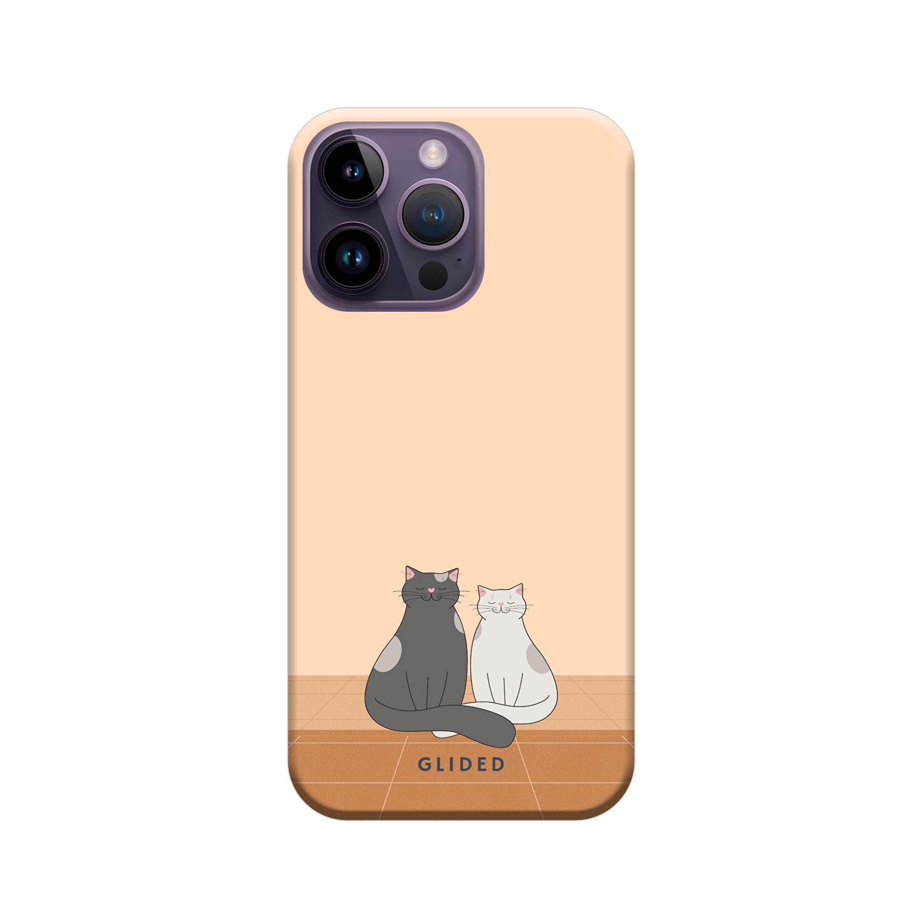 Catty Friends Handyhülle für iPhone 15 Pro Max mit zwei süßen Katzenfreunden auf aprikosenfarbenem Hintergrund.