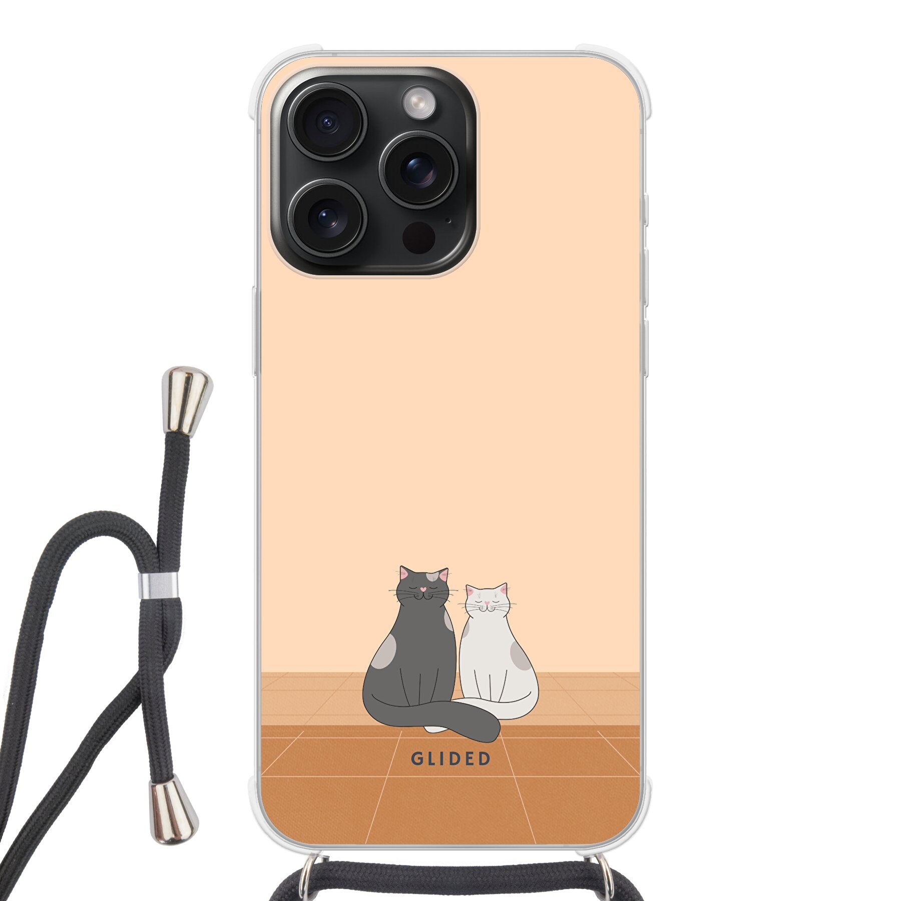 Catty Friends Handyhülle für iPhone 15 Pro Max mit zwei süßen Katzenfreunden auf aprikosenfarbenem Hintergrund.