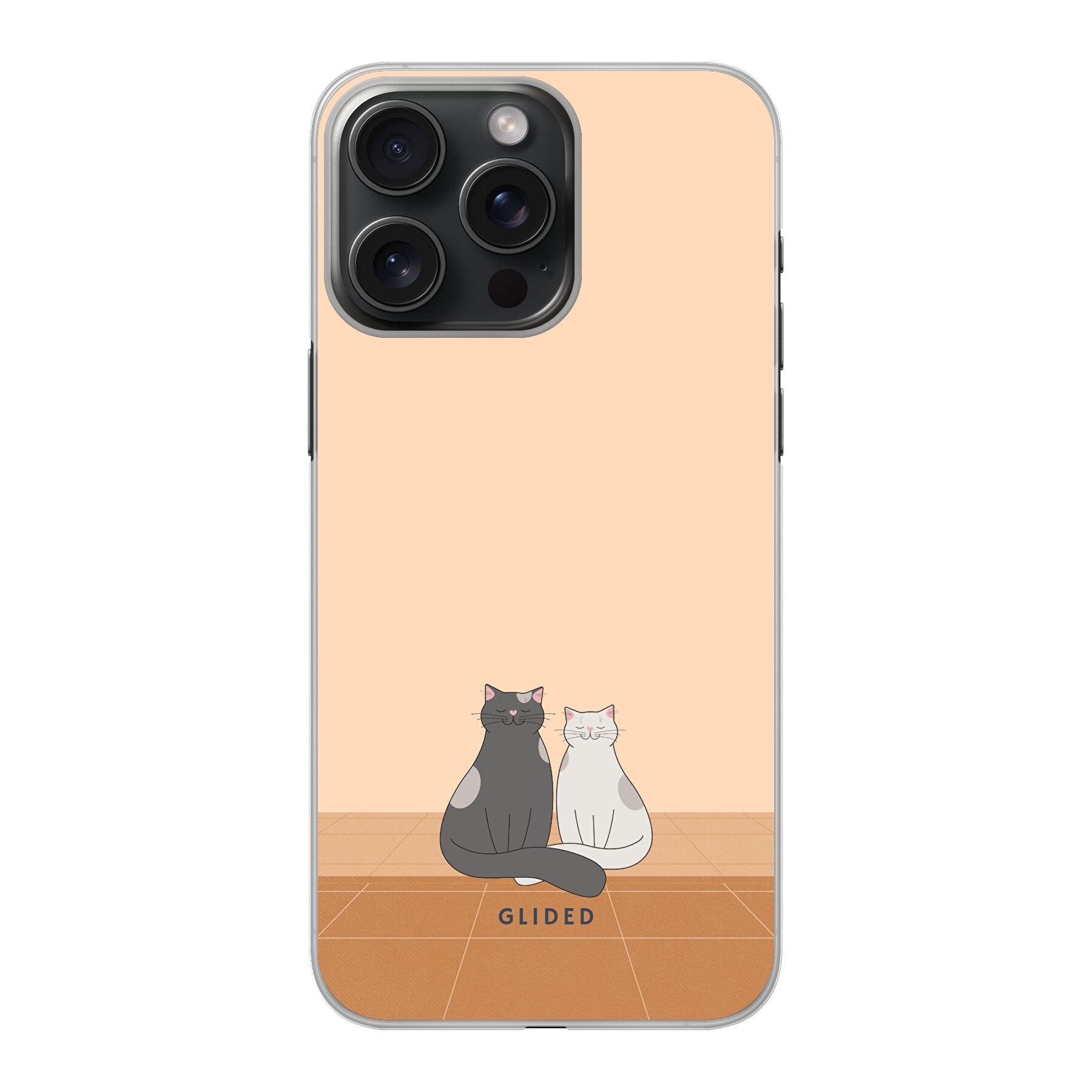 Catty Friends Handyhülle für iPhone 15 Pro Max mit zwei süßen Katzenfreunden auf aprikosenfarbenem Hintergrund.