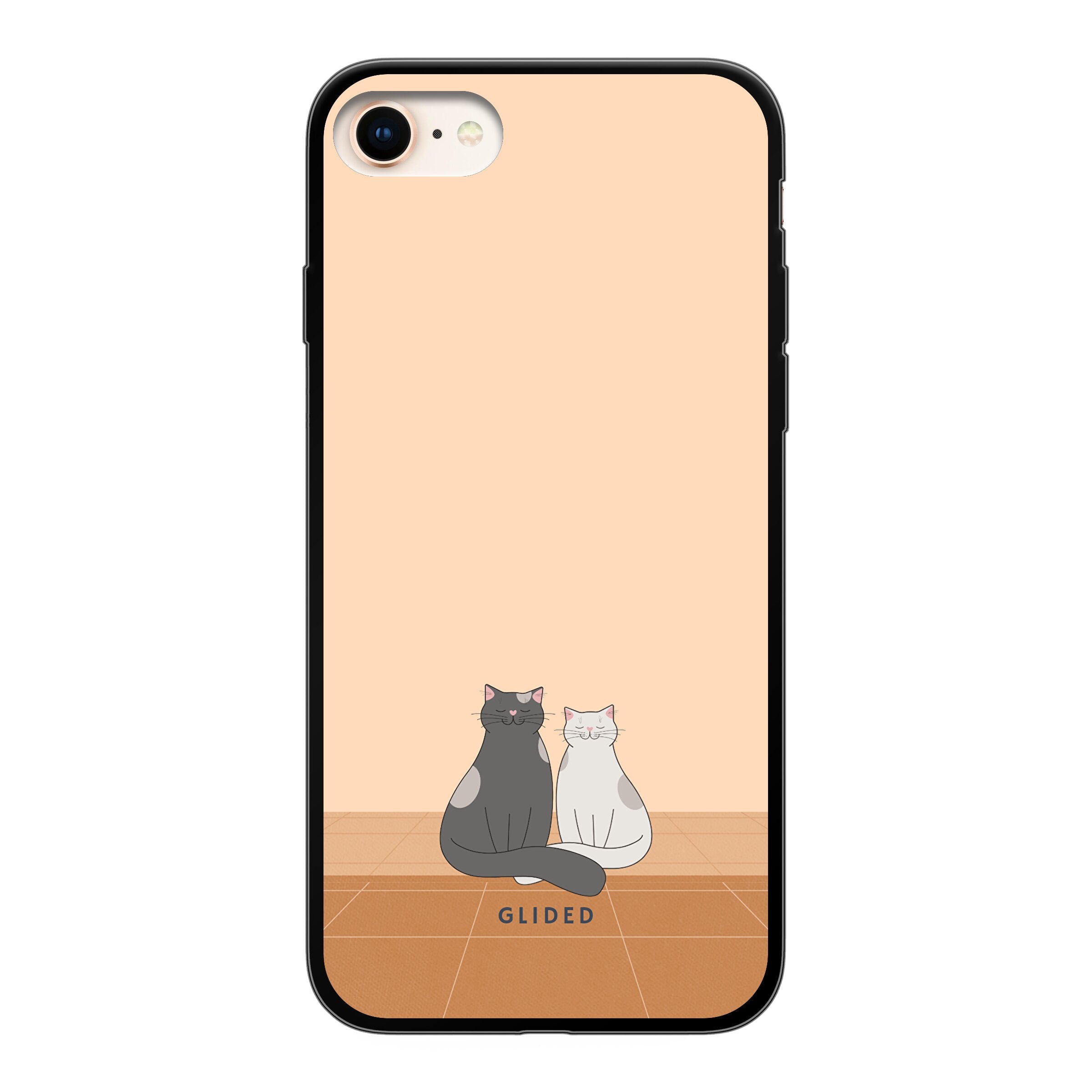 Catty Friends iPhone 8 Handyhülle mit zwei Katzenfreunden auf aprikosenfarbenem Hintergrund, stilvoll und schützend.