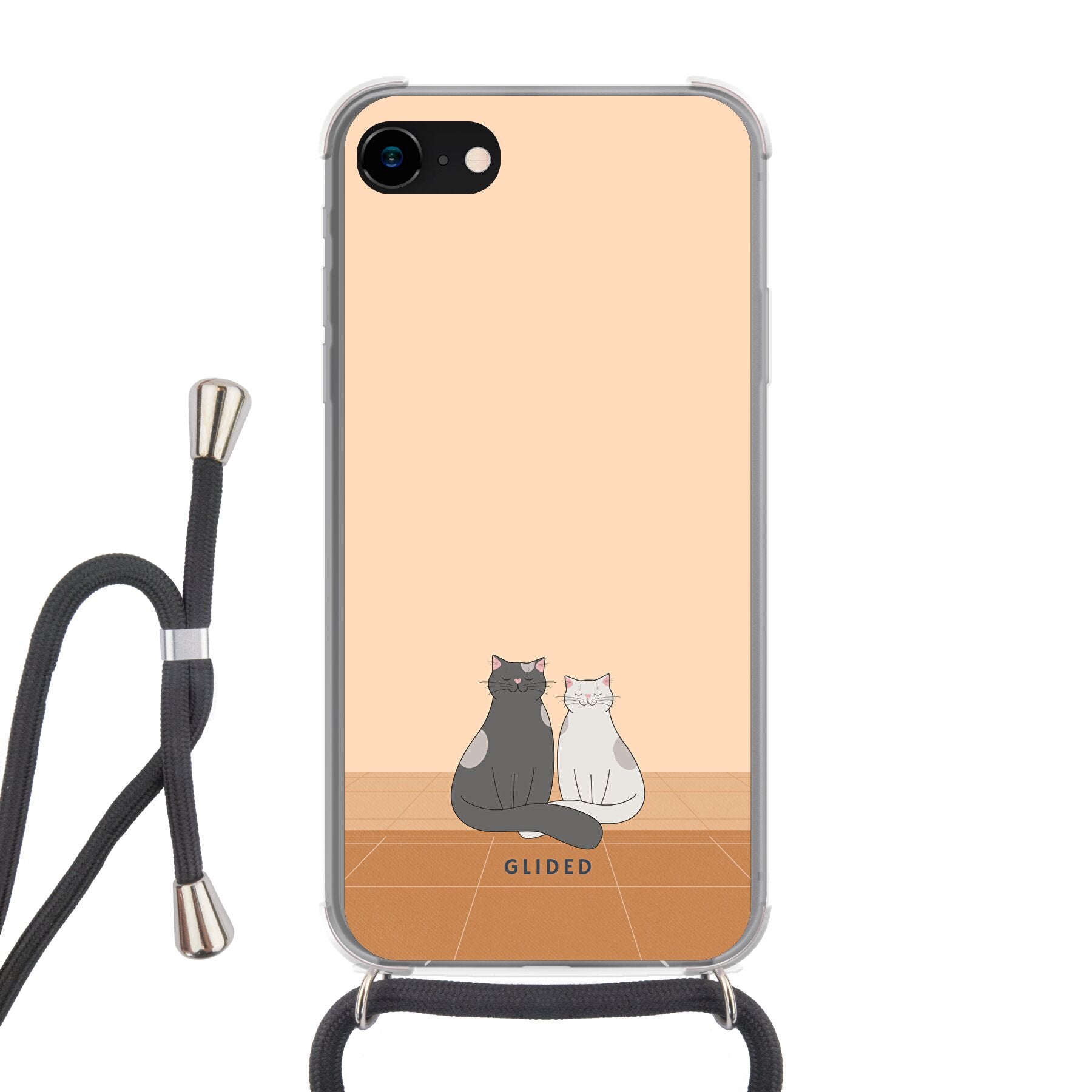 Catty Friends iPhone 8 Handyhülle mit zwei Katzenfreunden auf aprikosenfarbenem Hintergrund, stilvoll und schützend.