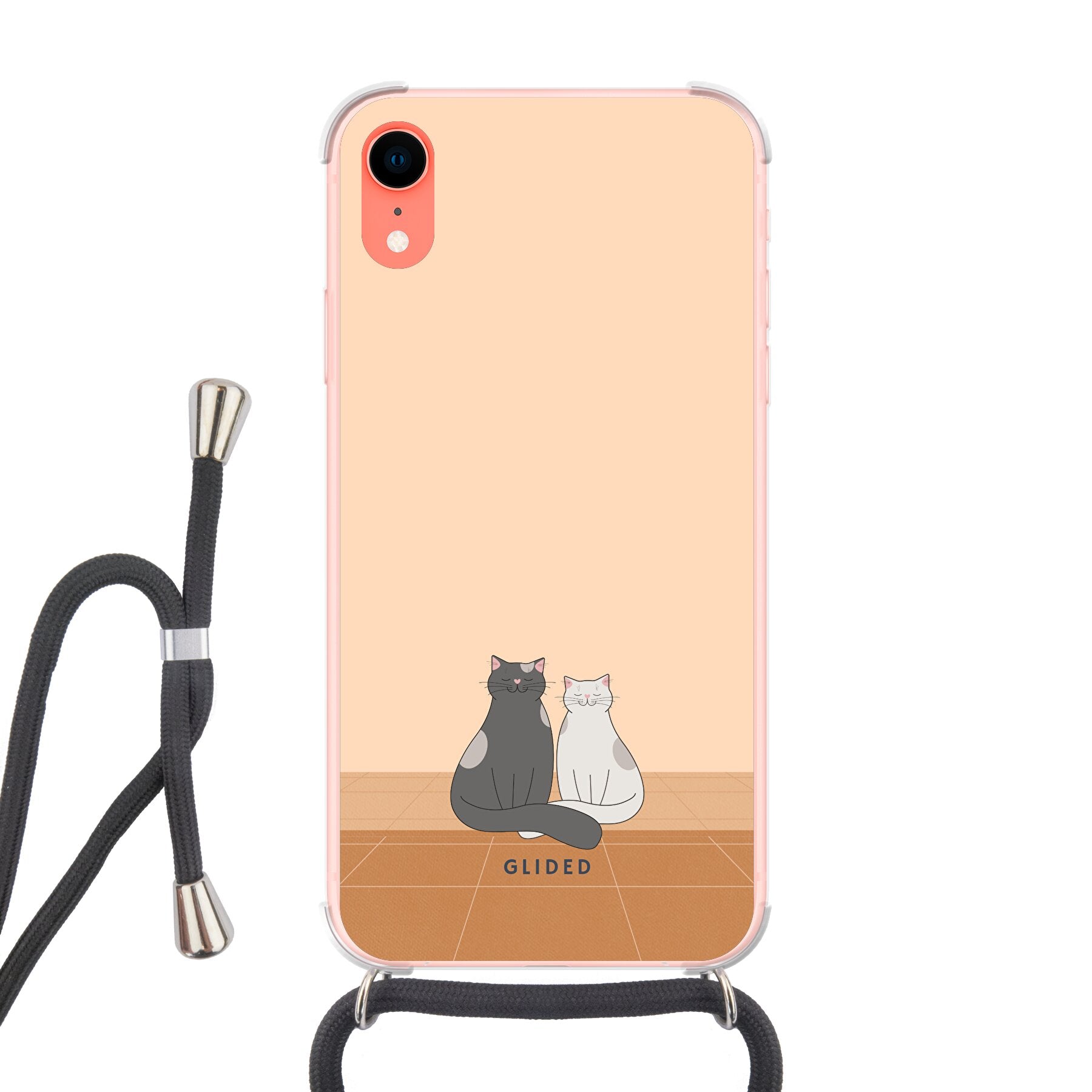 Catty Friends iPhone XR Handyhülle mit zwei süßen Katzenfreunden auf aprikosenfarbenem Hintergrund, idealer Schutz und stilvolles Design.