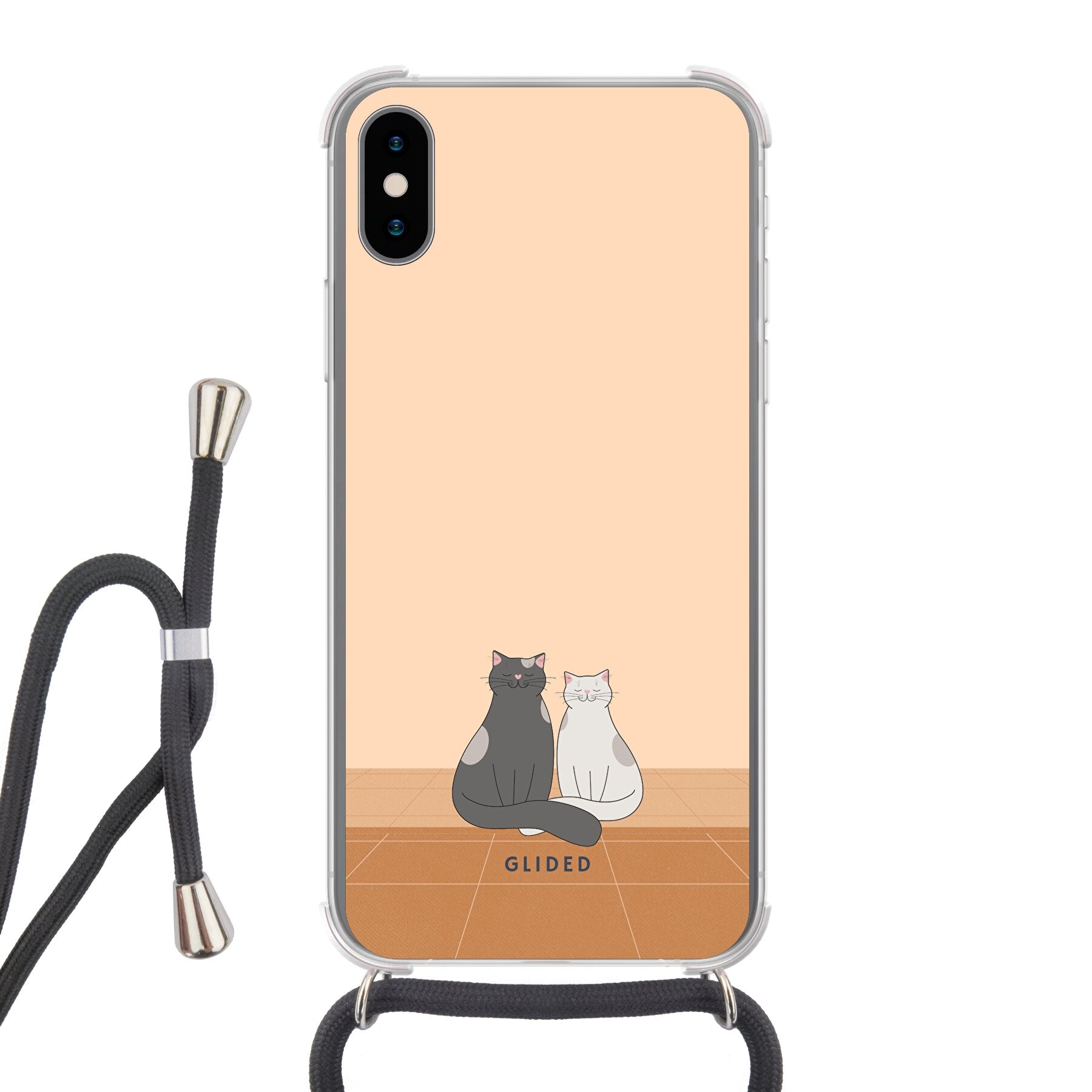 Catty Friends iPhone X/Xs Handyhülle mit zwei süßen Katzenfreunden auf aprikosenfarbenem Hintergrund, idealer Schutz und stilvolles Design.