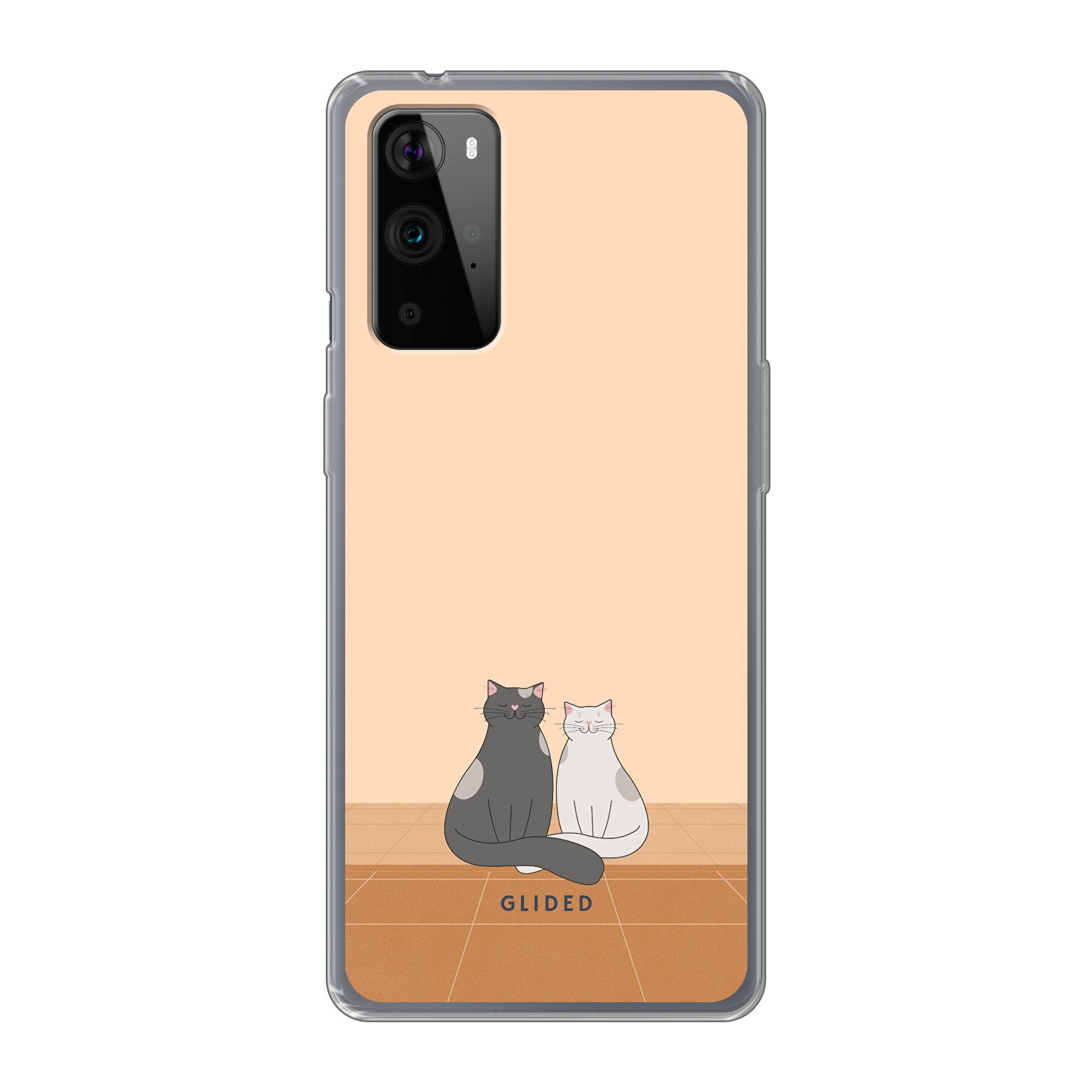 Catty Friends Handyhülle für OnePlus 9 Pro mit zwei Katzenfreunden auf aprikosenfarbenem Hintergrund, bietet stilvollen Schutz.