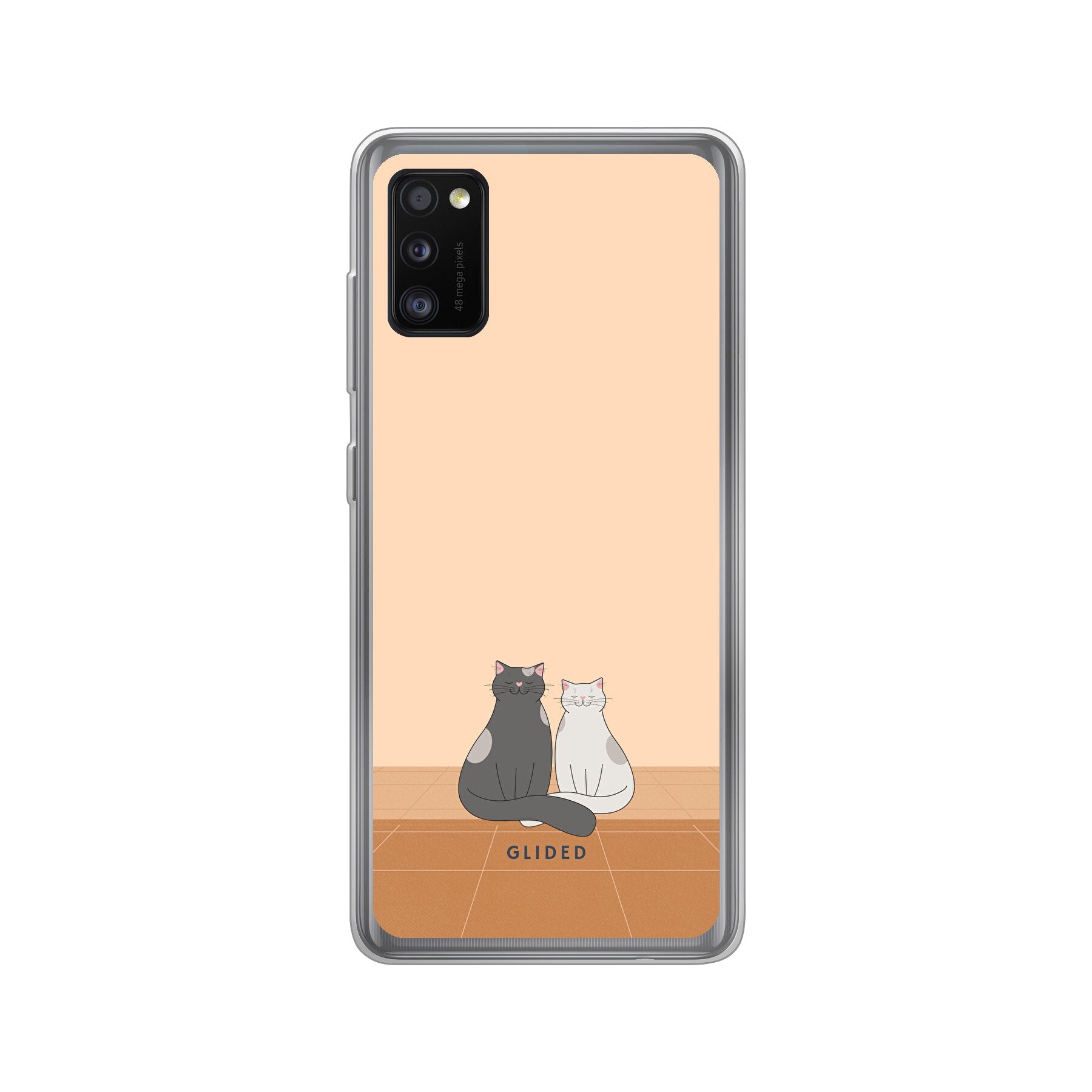 Catty Friends Handyhülle für Samsung Galaxy A41 mit zwei süßen Katzenfreunden auf aprikosenfarbenem Hintergrund.