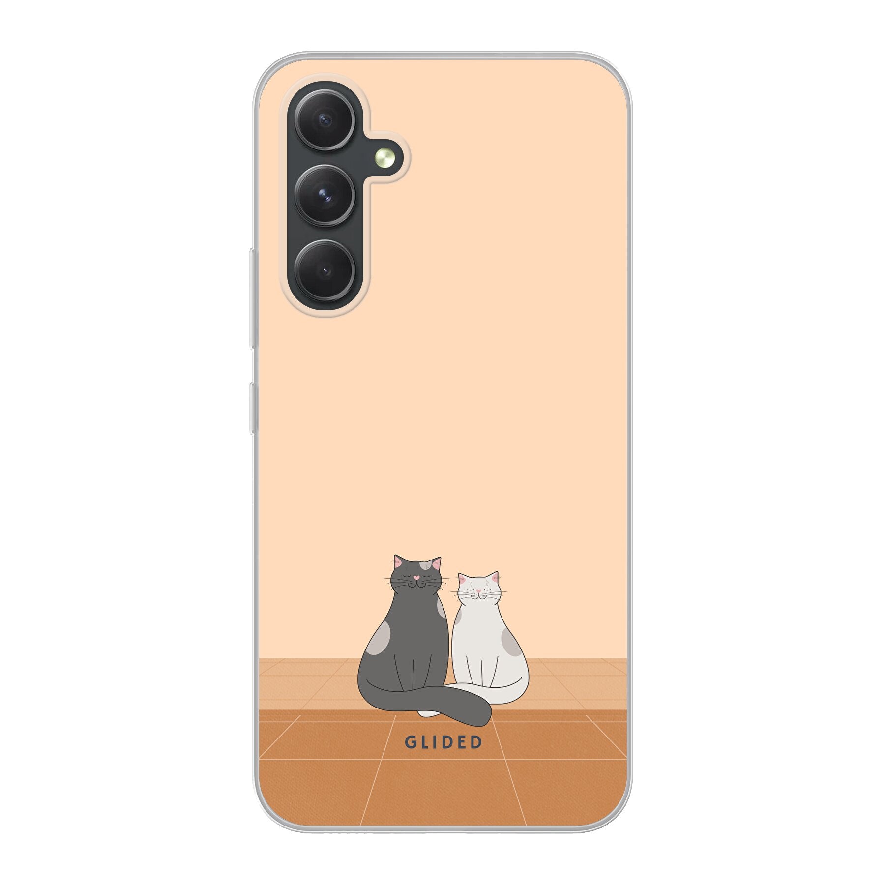 Catty Friends Handyhülle für Samsung Galaxy A54 5G mit zwei niedlichen Katzenfreunden auf aprikosenfarbenem Hintergrund.