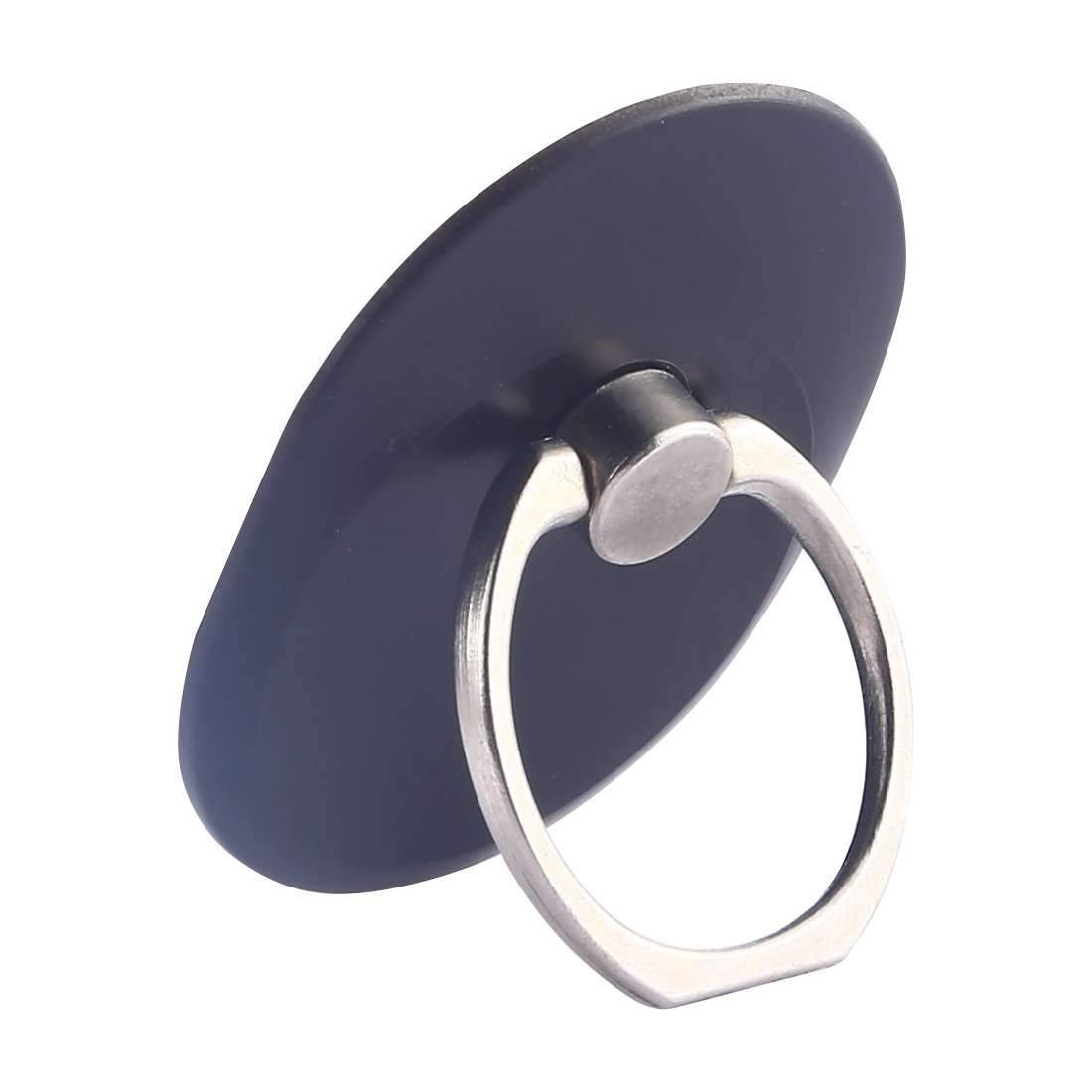 A black oval-shaped cell phone ring holder with a strong adhesive base, designed for secure grip and 360-degree rotation.