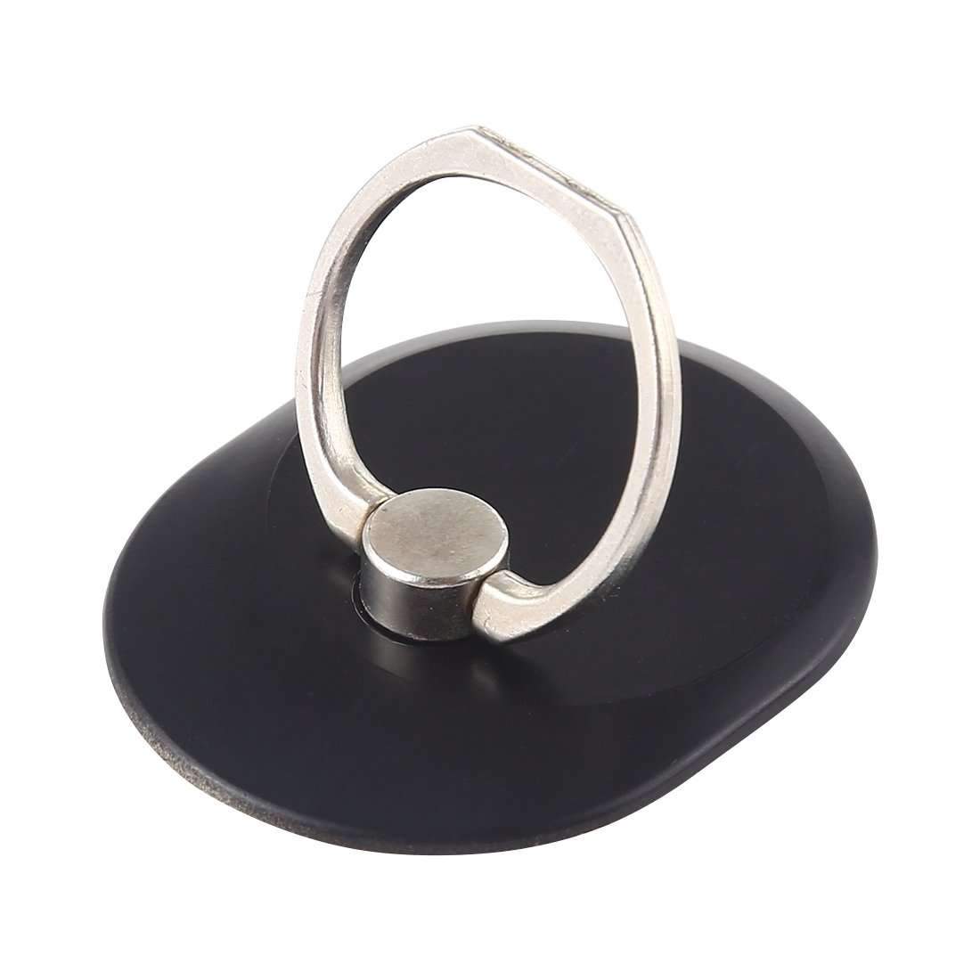 A black oval-shaped cell phone ring holder with a strong adhesive base, designed for secure grip and 360-degree rotation.