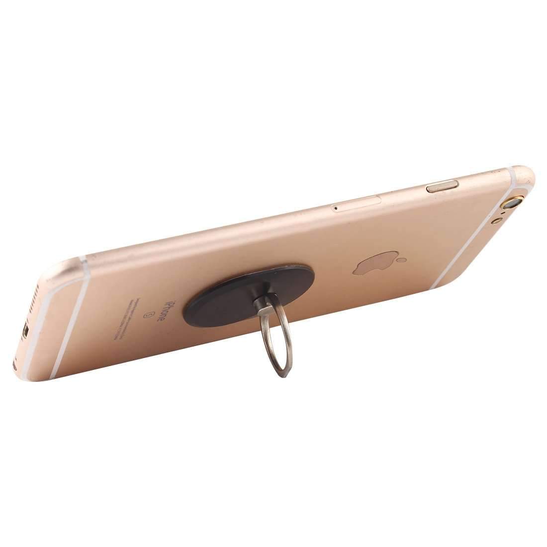 A black oval-shaped cell phone ring holder with a strong adhesive base, designed for secure grip and 360-degree rotation.