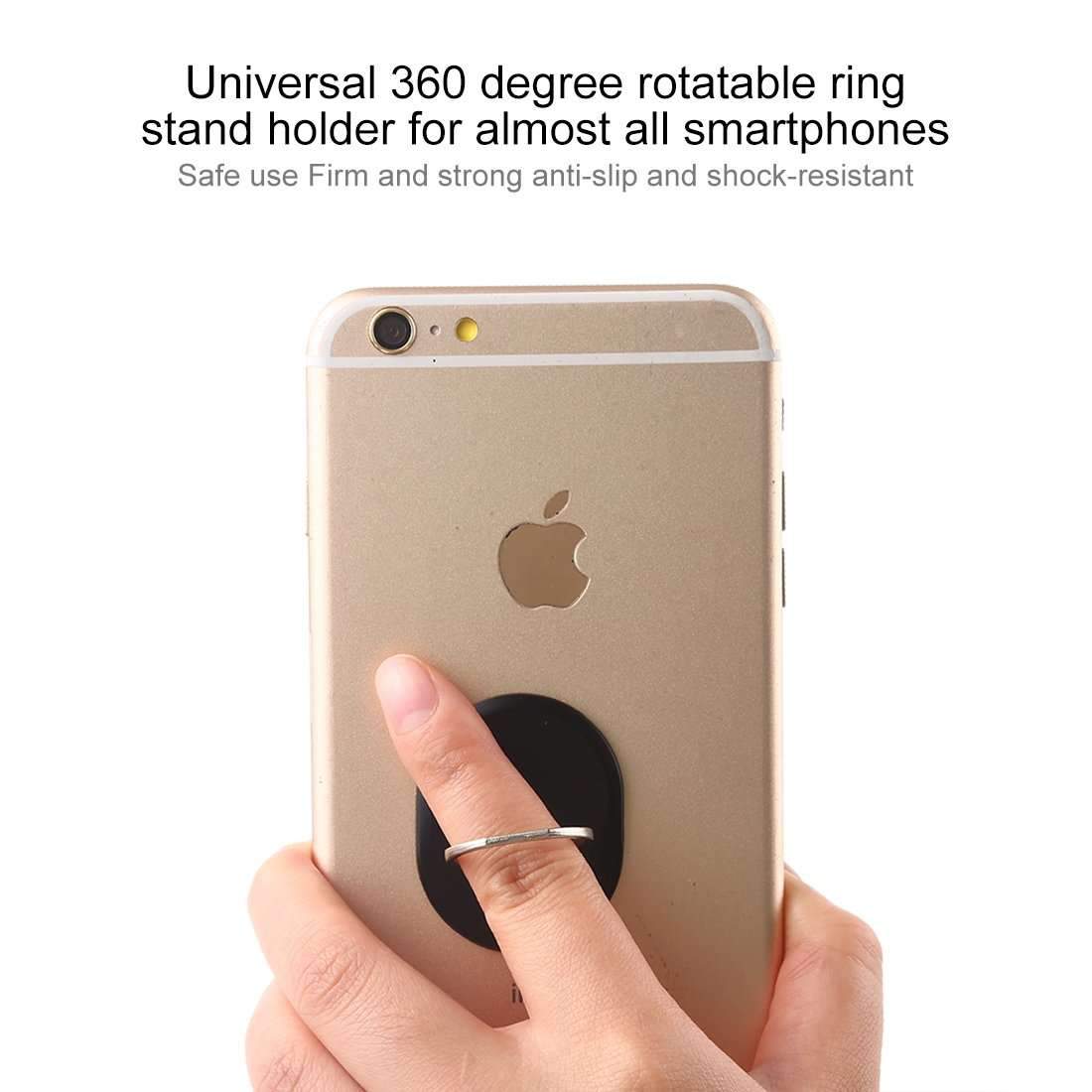 A black oval-shaped cell phone ring holder with a strong adhesive base, designed for secure grip and 360-degree rotation.