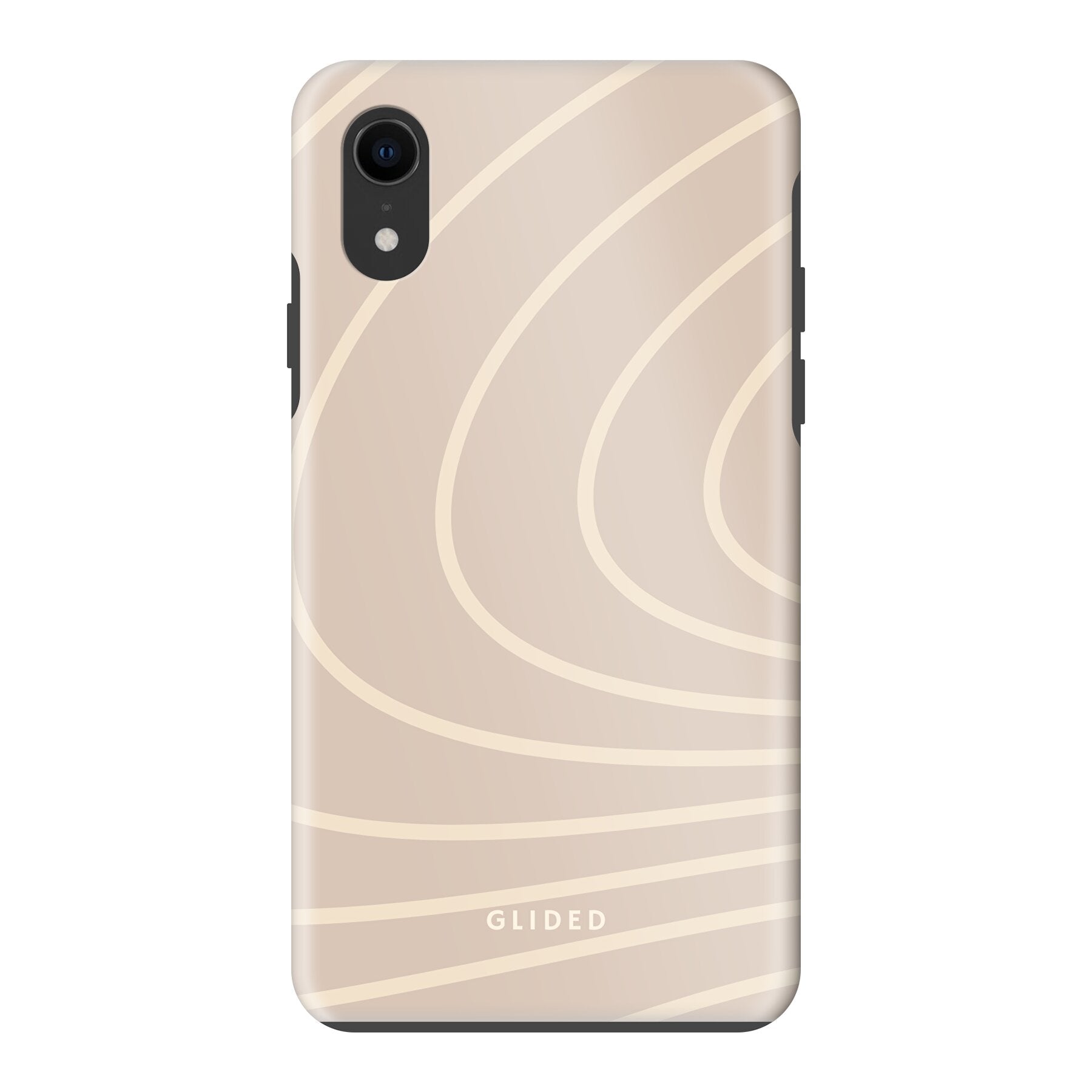 Celestia iPhone XR Handyhülle mit ästhetischen Linien auf beigem Hintergrund, bietet stilvollen Schutz.