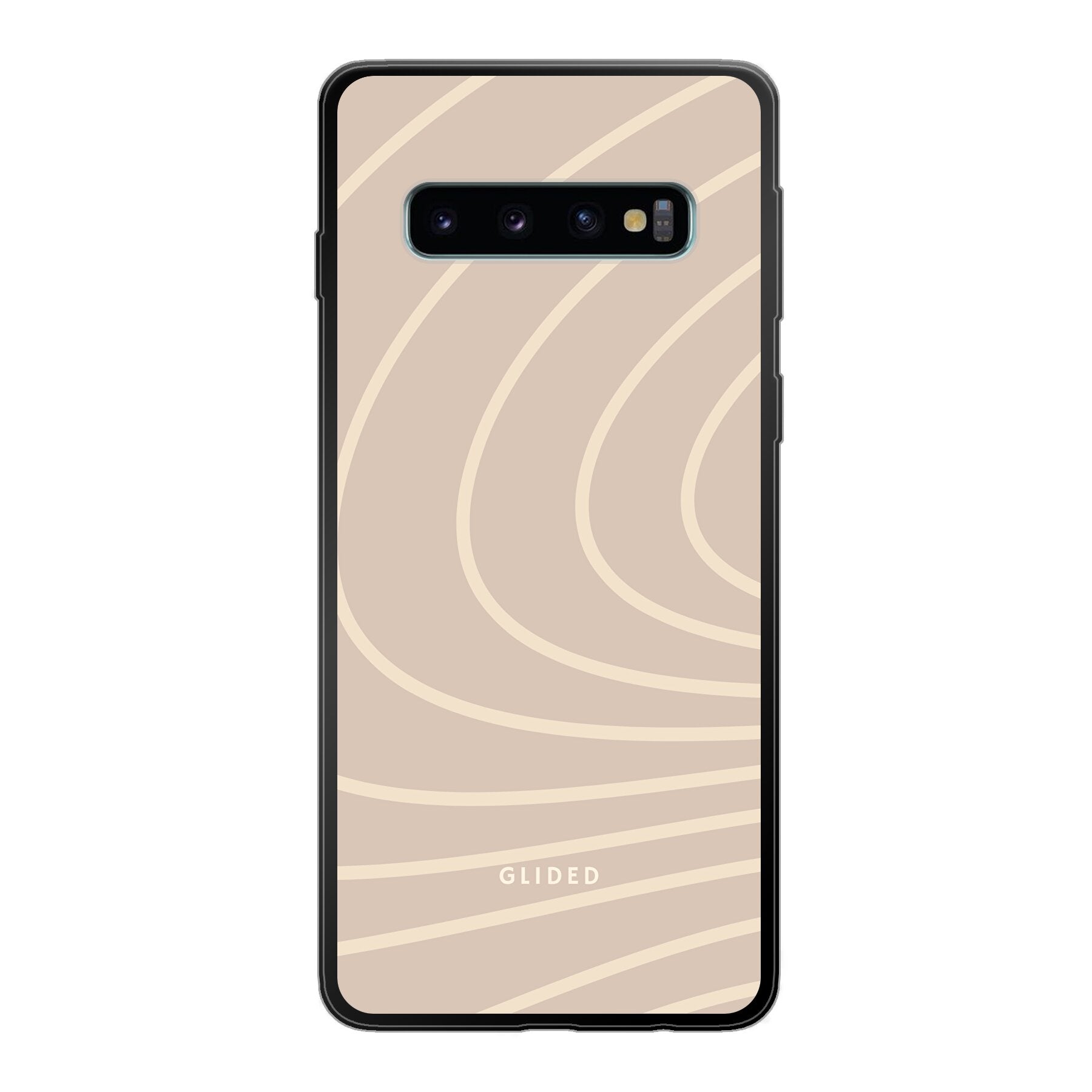 Celestia Handyhülle für Samsung Galaxy S10 mit ästhetischen Linien auf beigem Hintergrund, bietet stilvollen Schutz und elegantes Design.