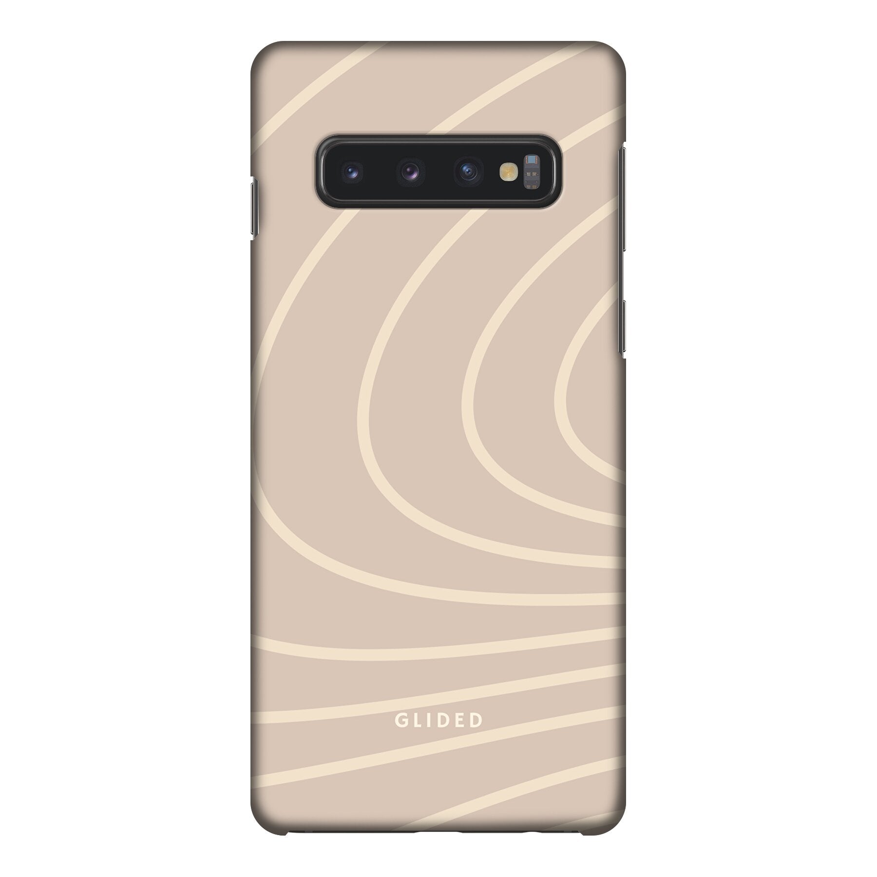 Celestia Handyhülle für Samsung Galaxy S10 mit ästhetischen Linien auf beigem Hintergrund, bietet stilvollen Schutz und elegantes Design.