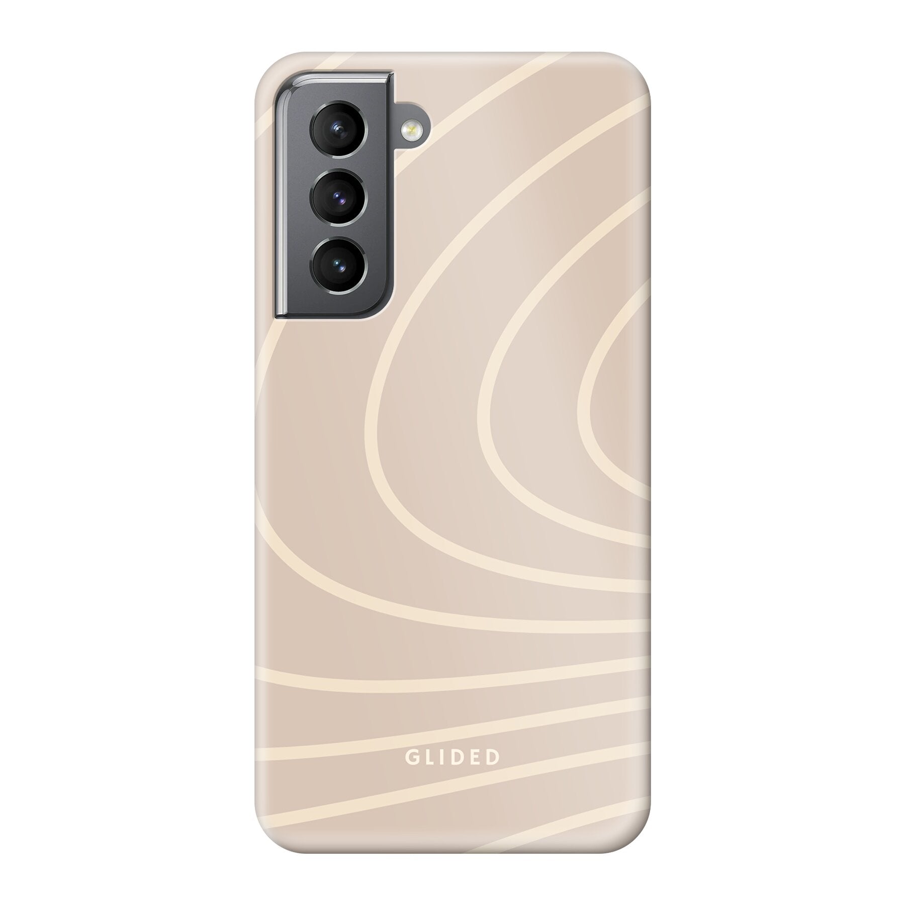 Celestia Handyhülle für Samsung Galaxy S21 5G mit ästhetischen Linien auf beigem Hintergrund, bietet stilvollen Schutz und elegantes Design.