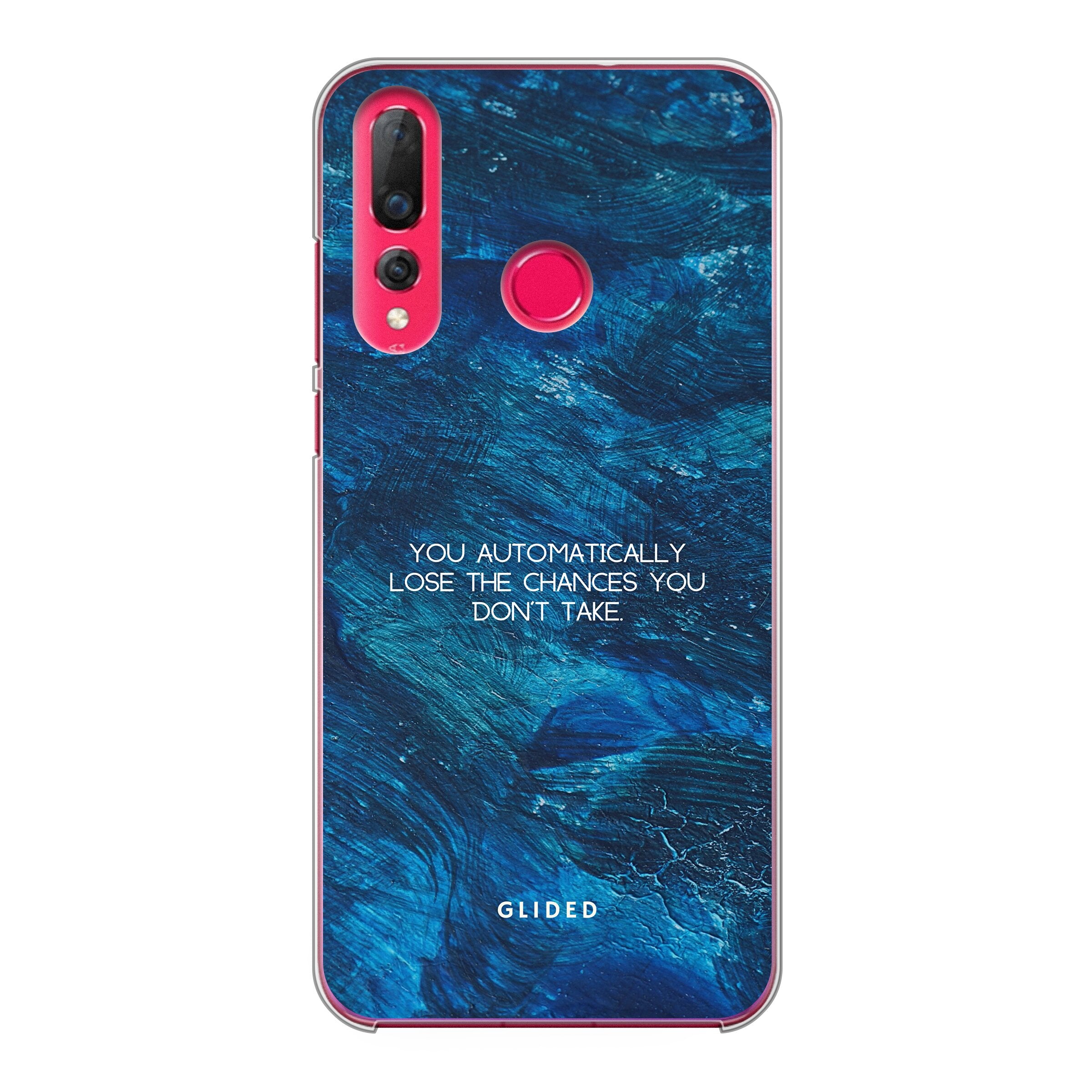 Huawei P30 Lite Handyhülle 'Chances' mit inspirierendem Spruch auf dunkelblauem Hintergrund, bietet Schutz und Stil.