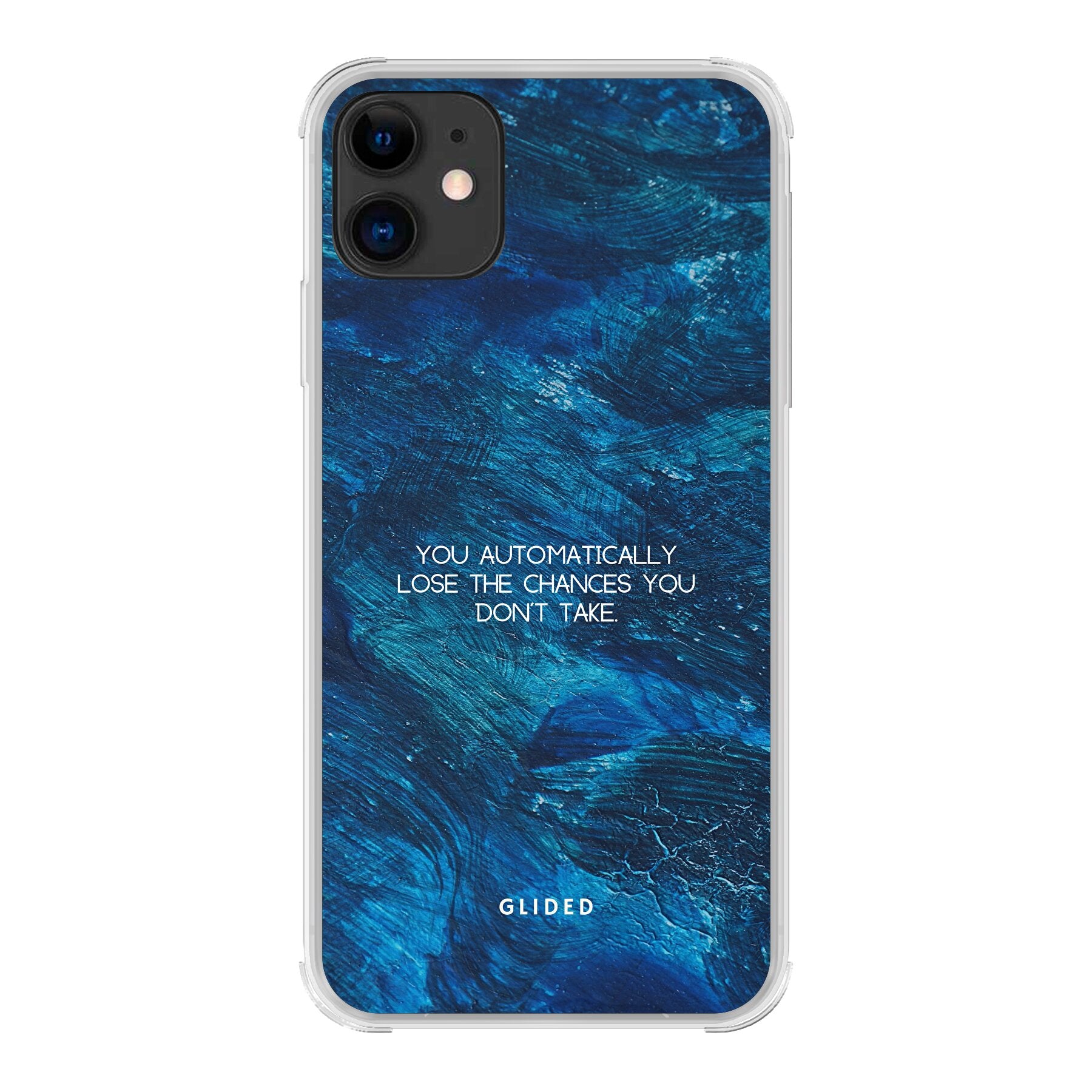 Chances iPhone 11 Handyhülle mit inspirierendem Spruch auf dunkelblauem Hintergrund, bietet Schutz und Stil.